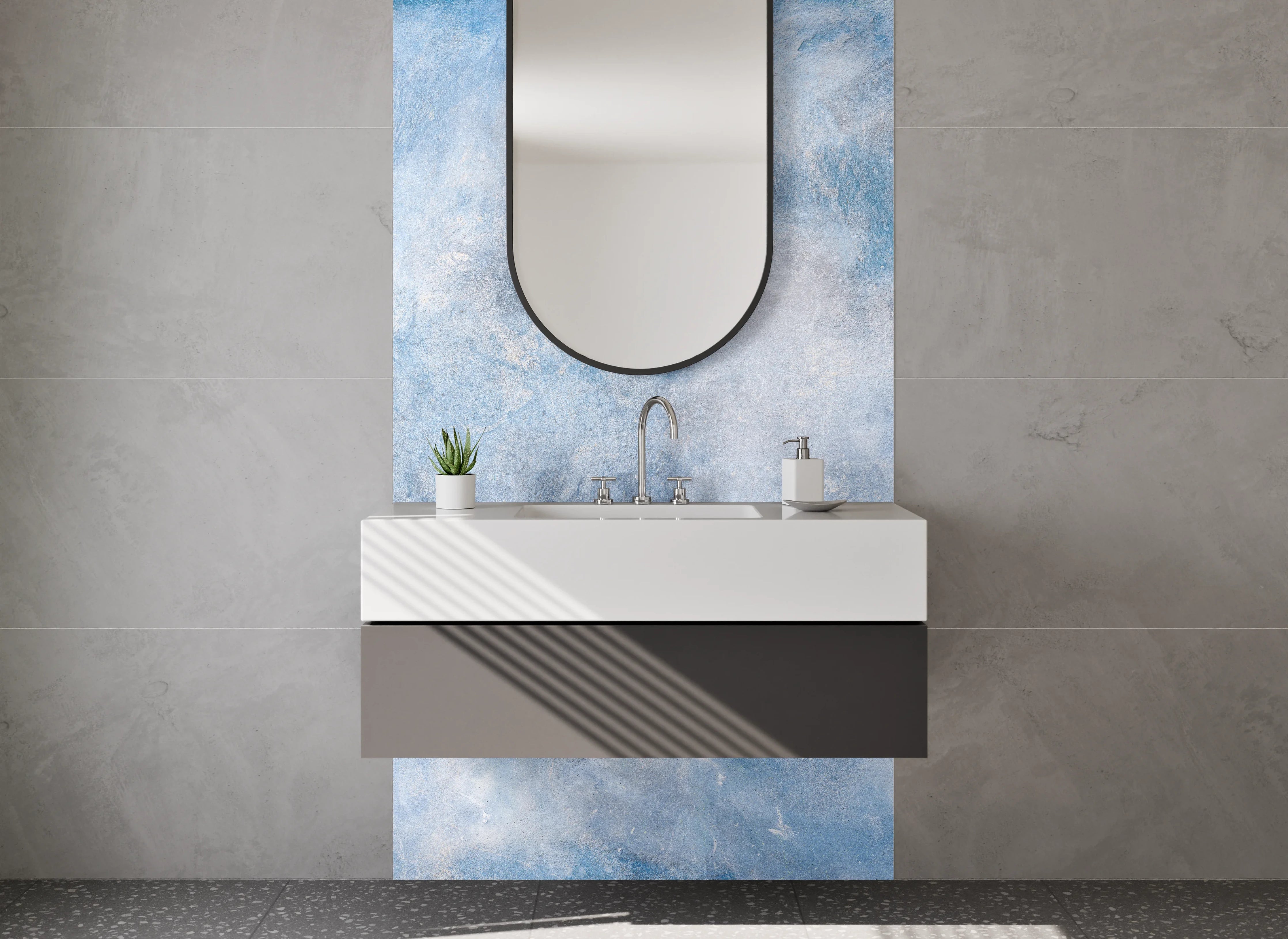 Waschbecken-Rückwand - Blaue Wolkenstruktur Marmoroptik Wand