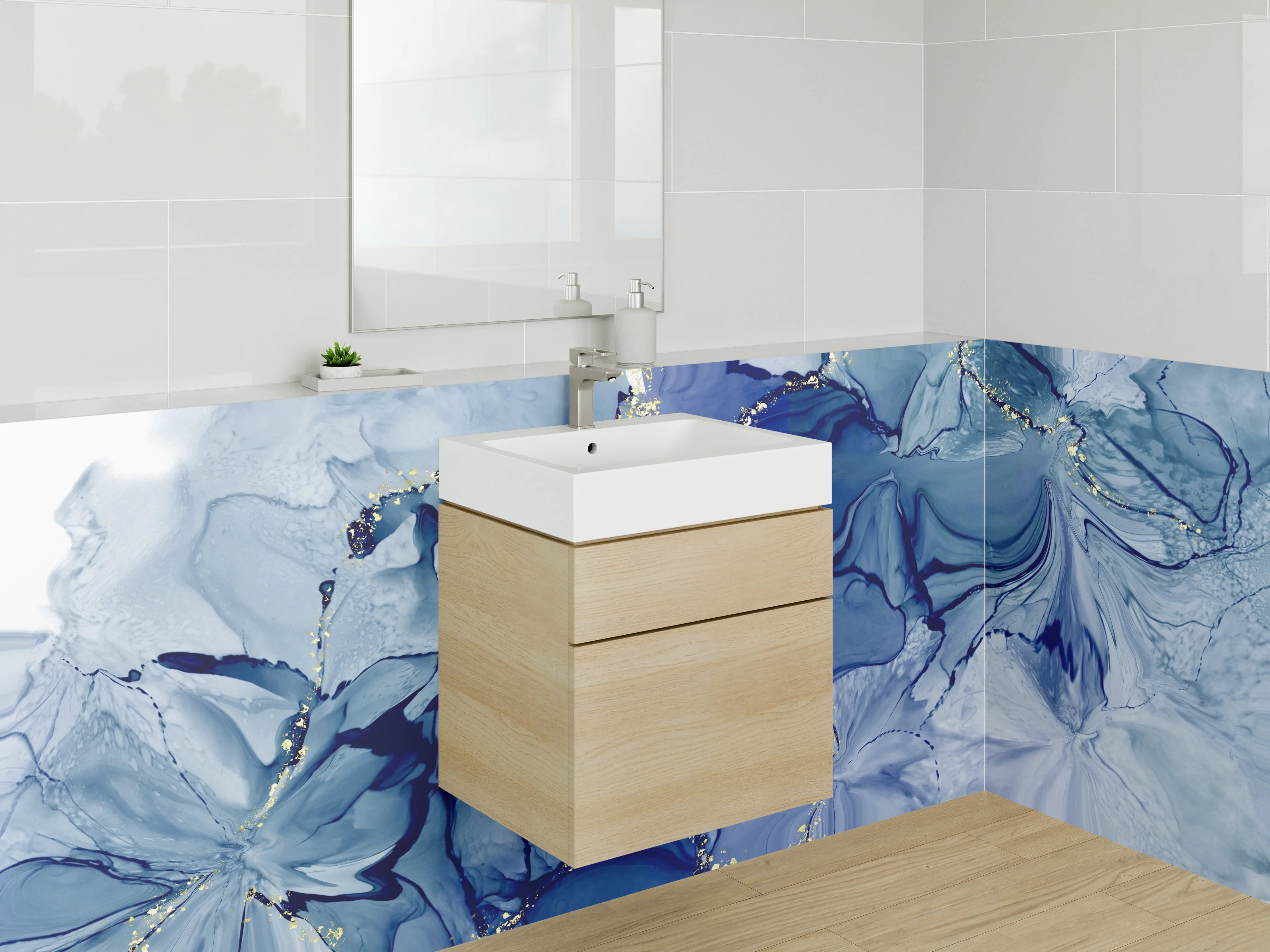 Waschbecken-Rückwand - Blaue abstrakte Aquarell-Kunst für Küche