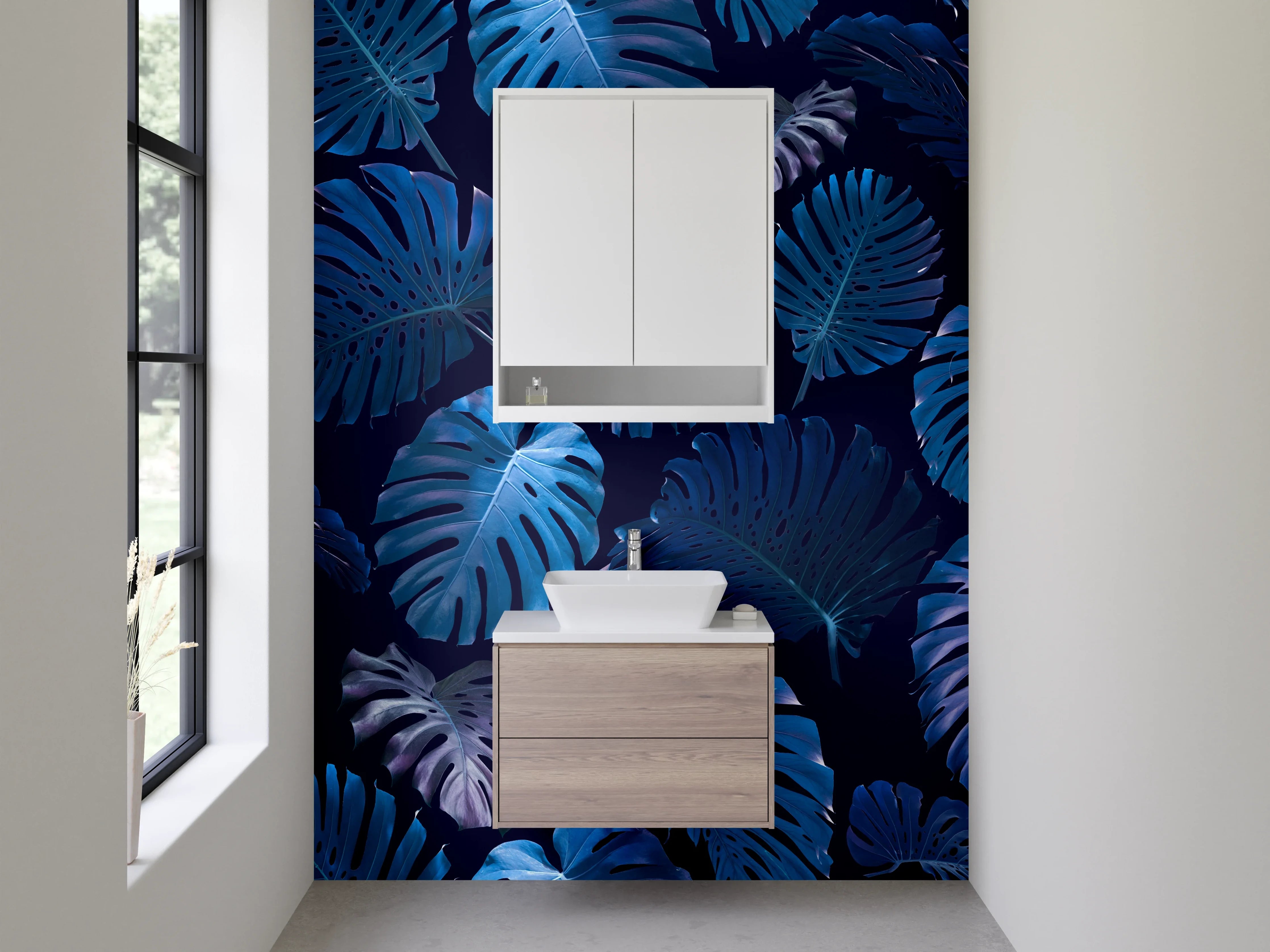 Waschbecken-Rückwand - Blaue tropische Blätter Muster