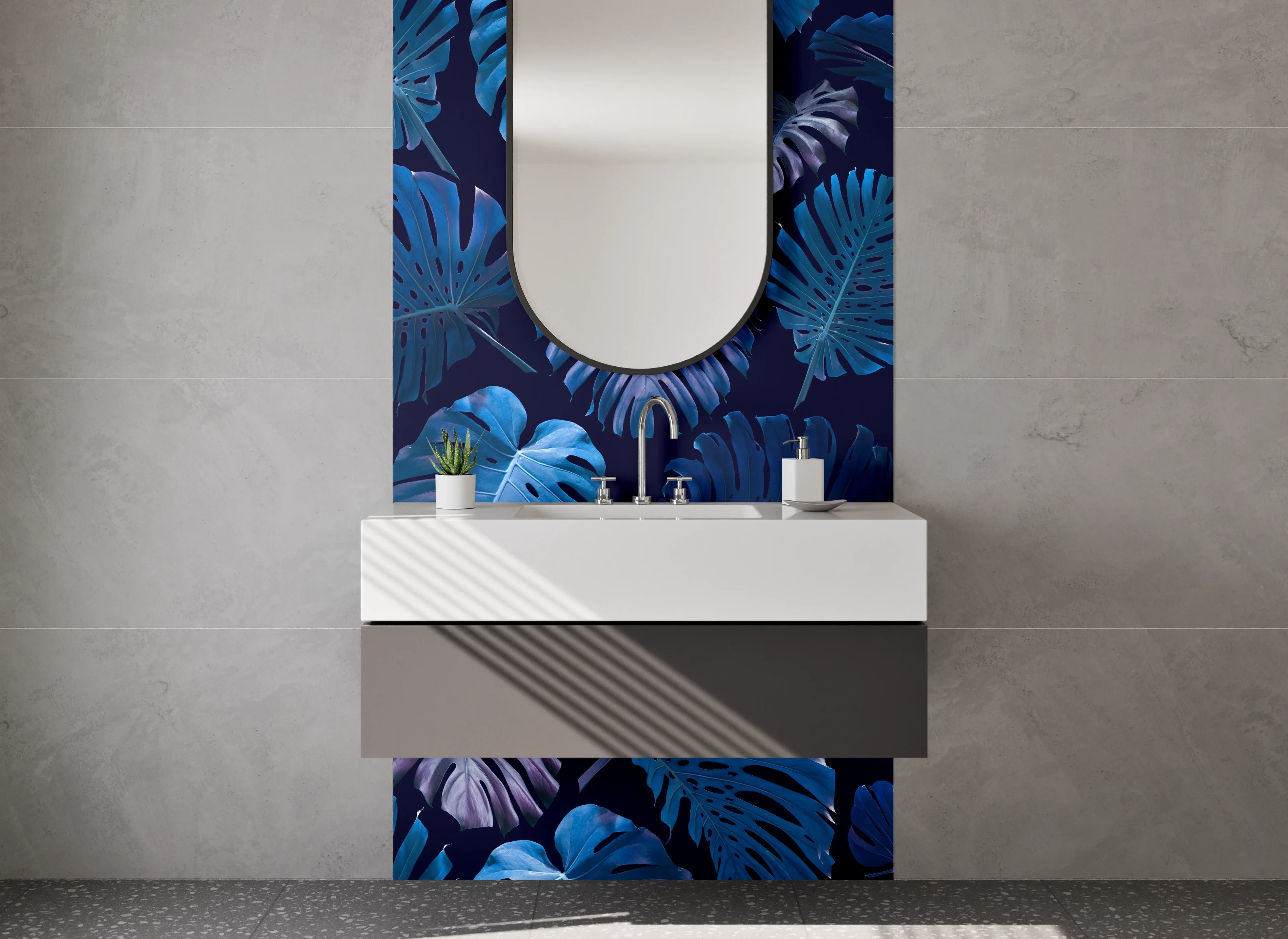 Waschbecken-Rückwand - Blaue tropische Blätter Muster