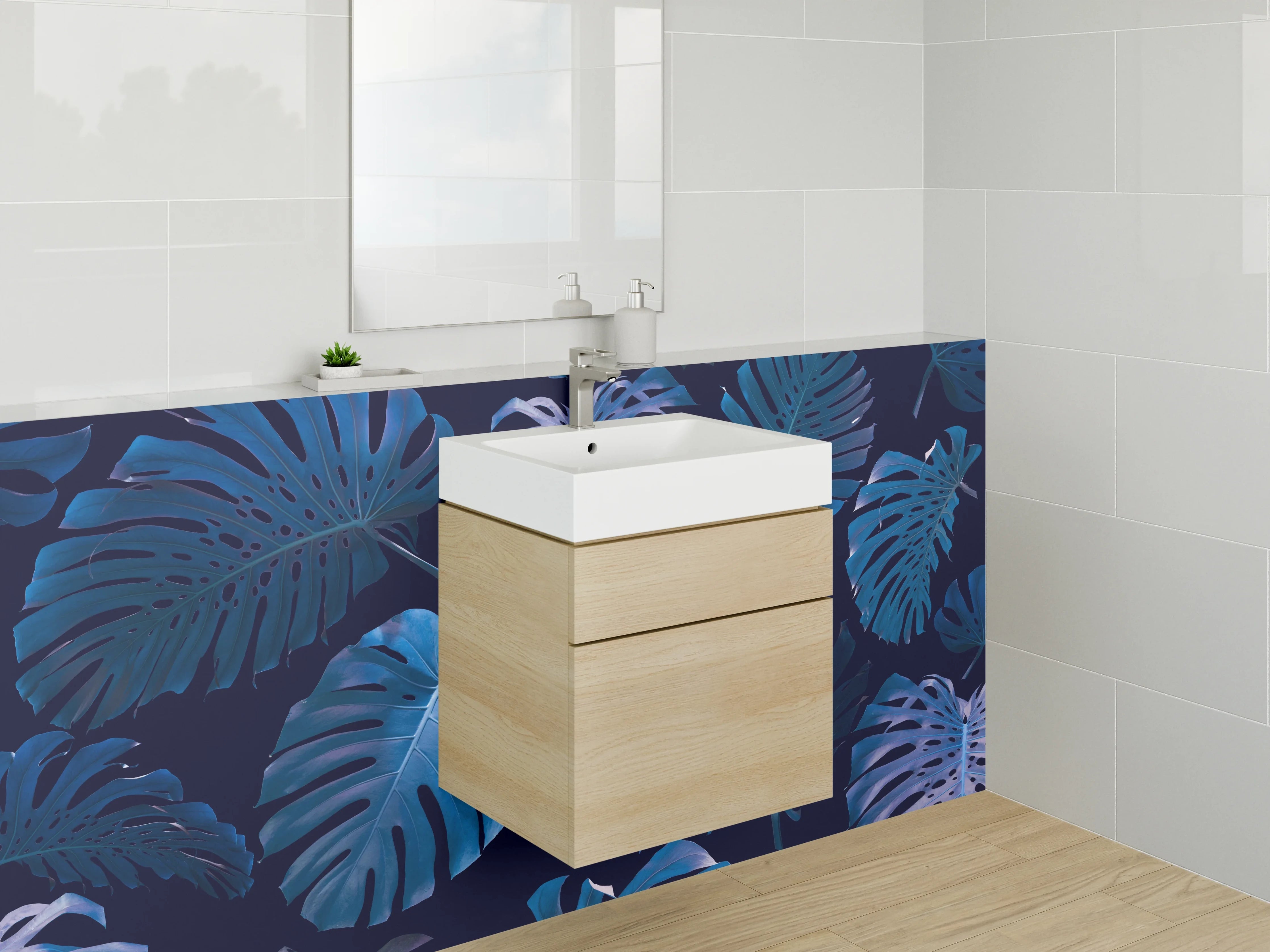 Waschbecken-Rückwand - Blaue tropische Blätter Muster