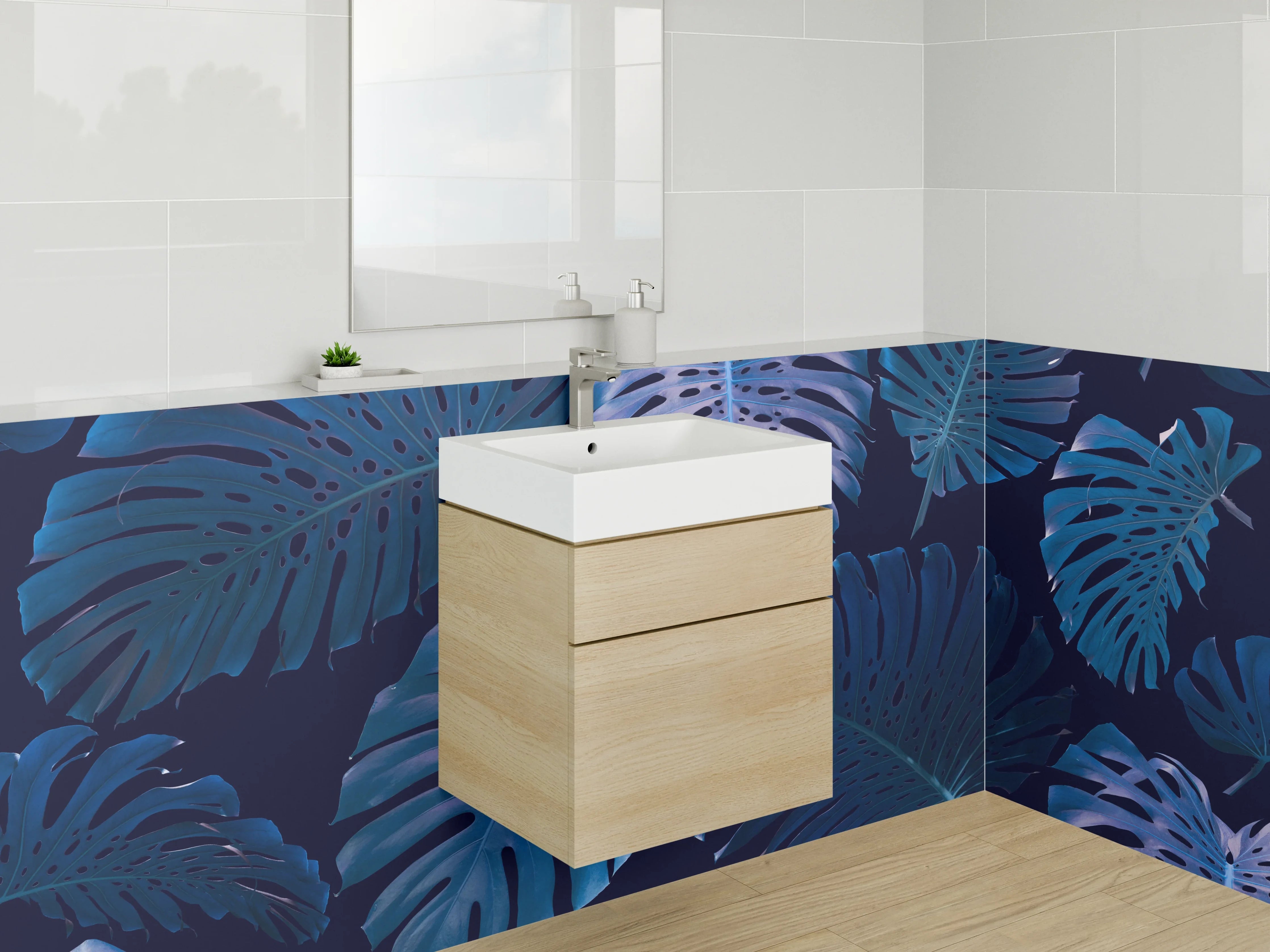 Waschbecken-Rückwand - Blaue tropische Blätter Muster