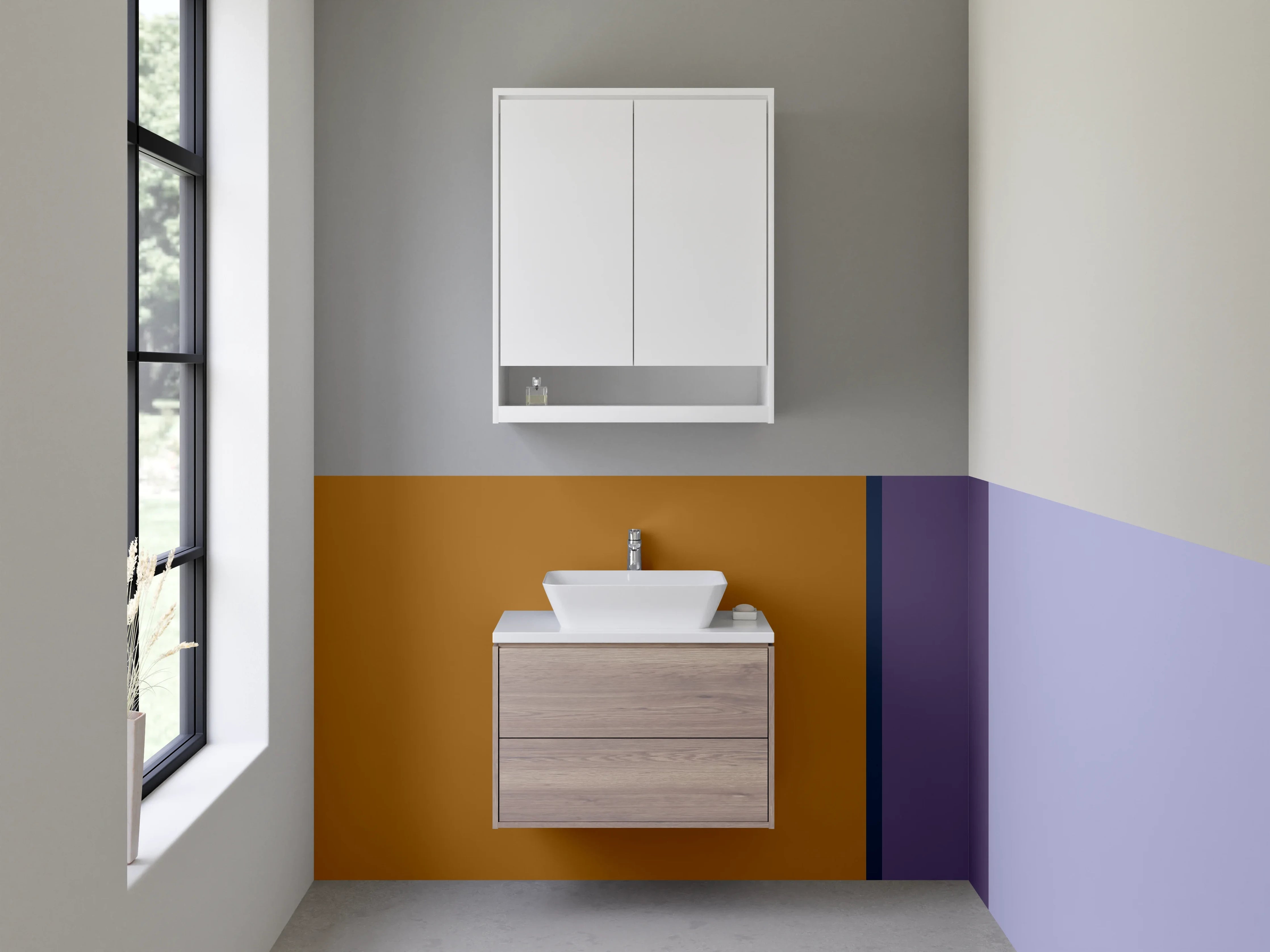 Waschbecken-Rückwand - Blaue und braune Farbflächen mit Quadrieren