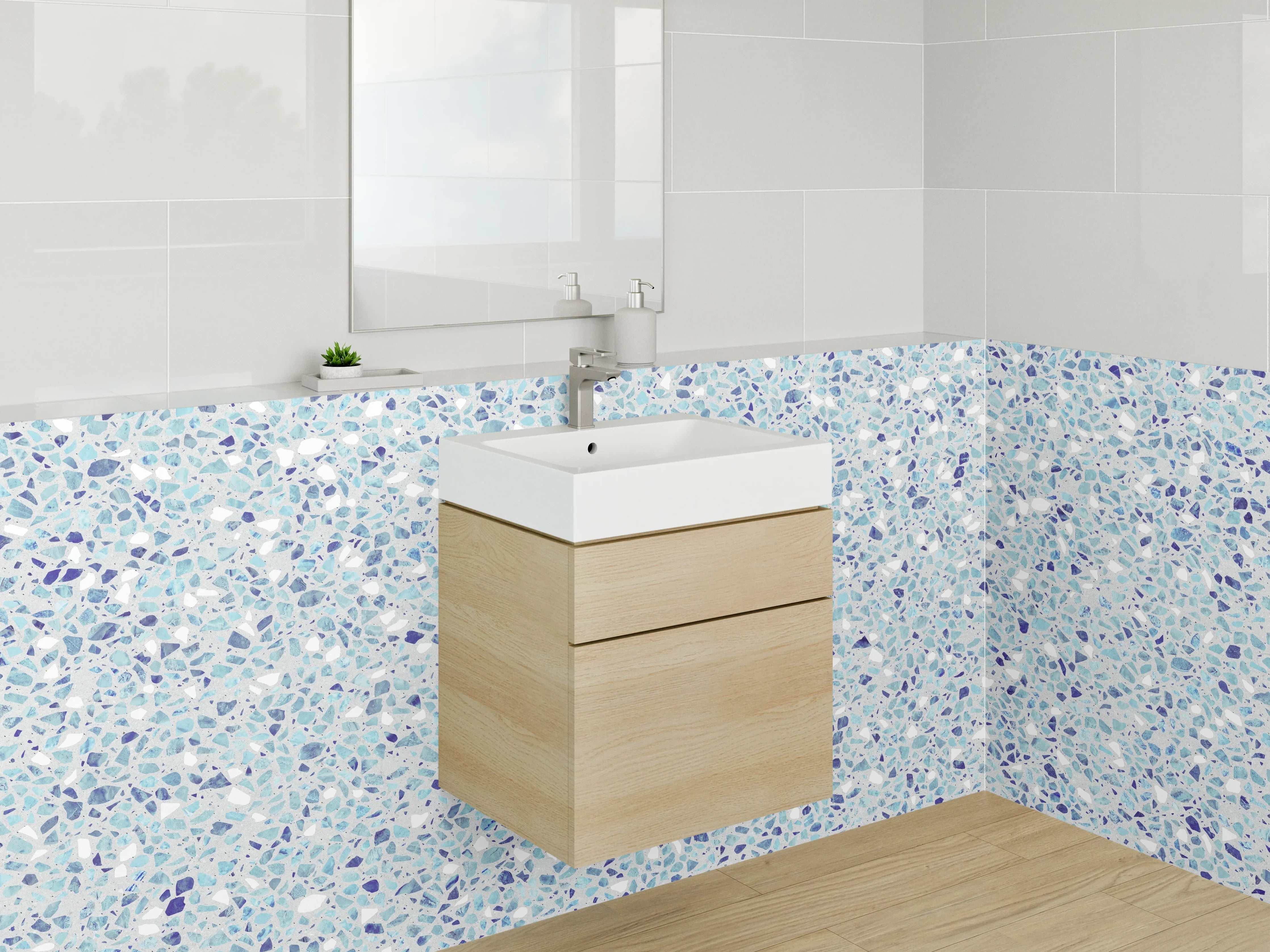 Waschbecken-Rückwand - Blauer Mosaikboden mit kleinen Steinchen