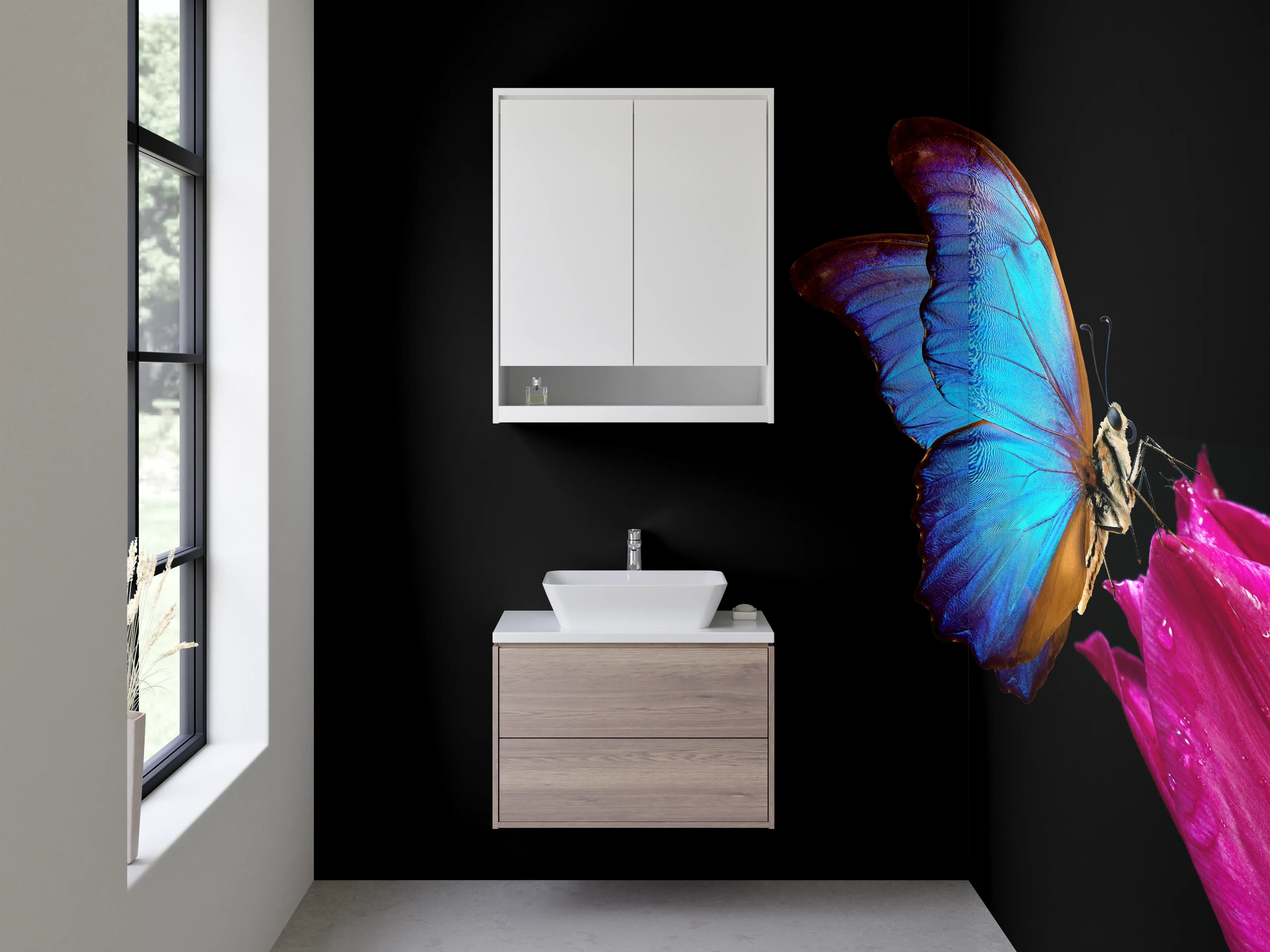 Waschbecken-Rückwand - Blauer Schmetterling auf Tulpe