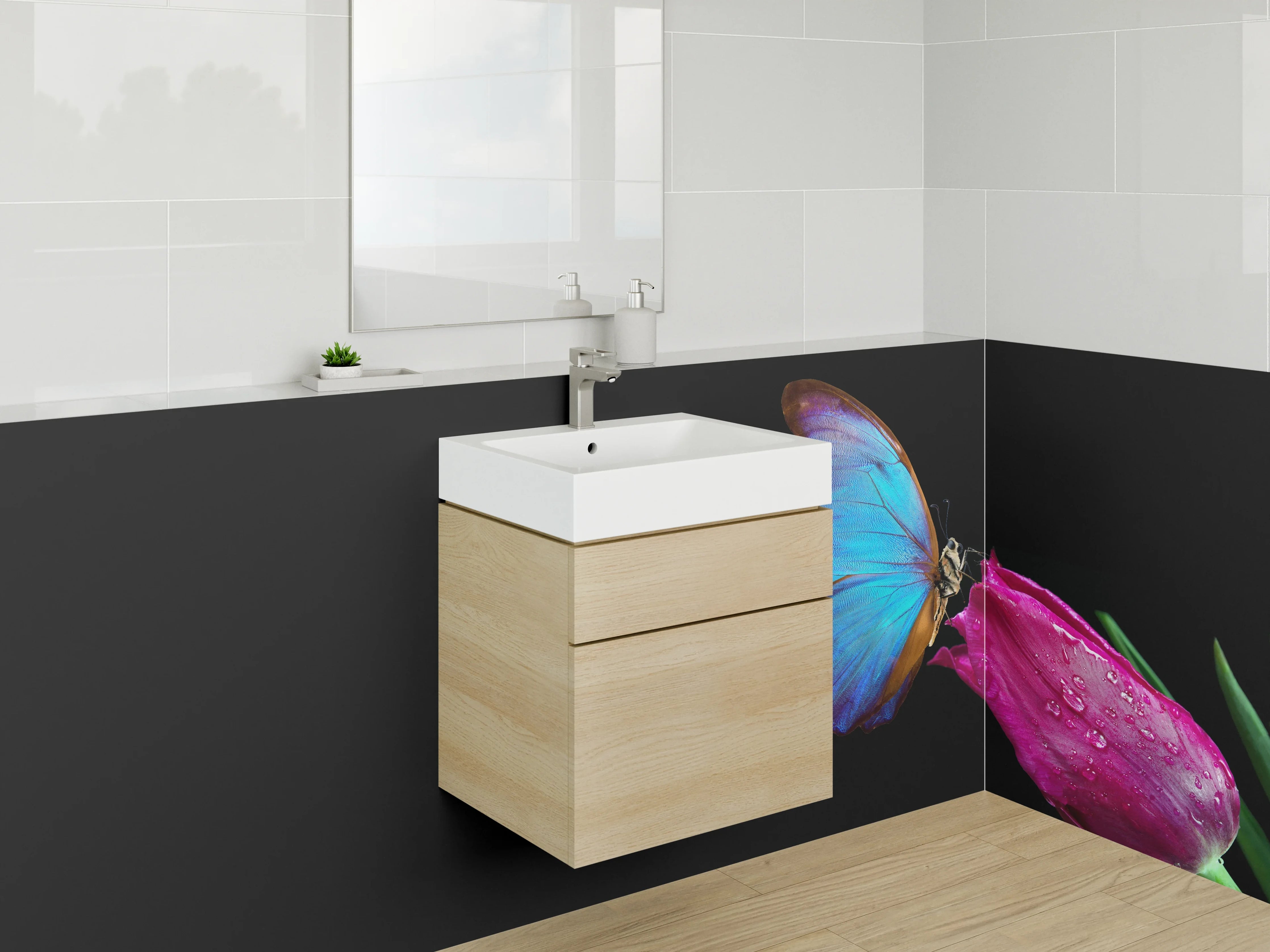 Waschbecken-Rückwand - Blauer Schmetterling auf Tulpe