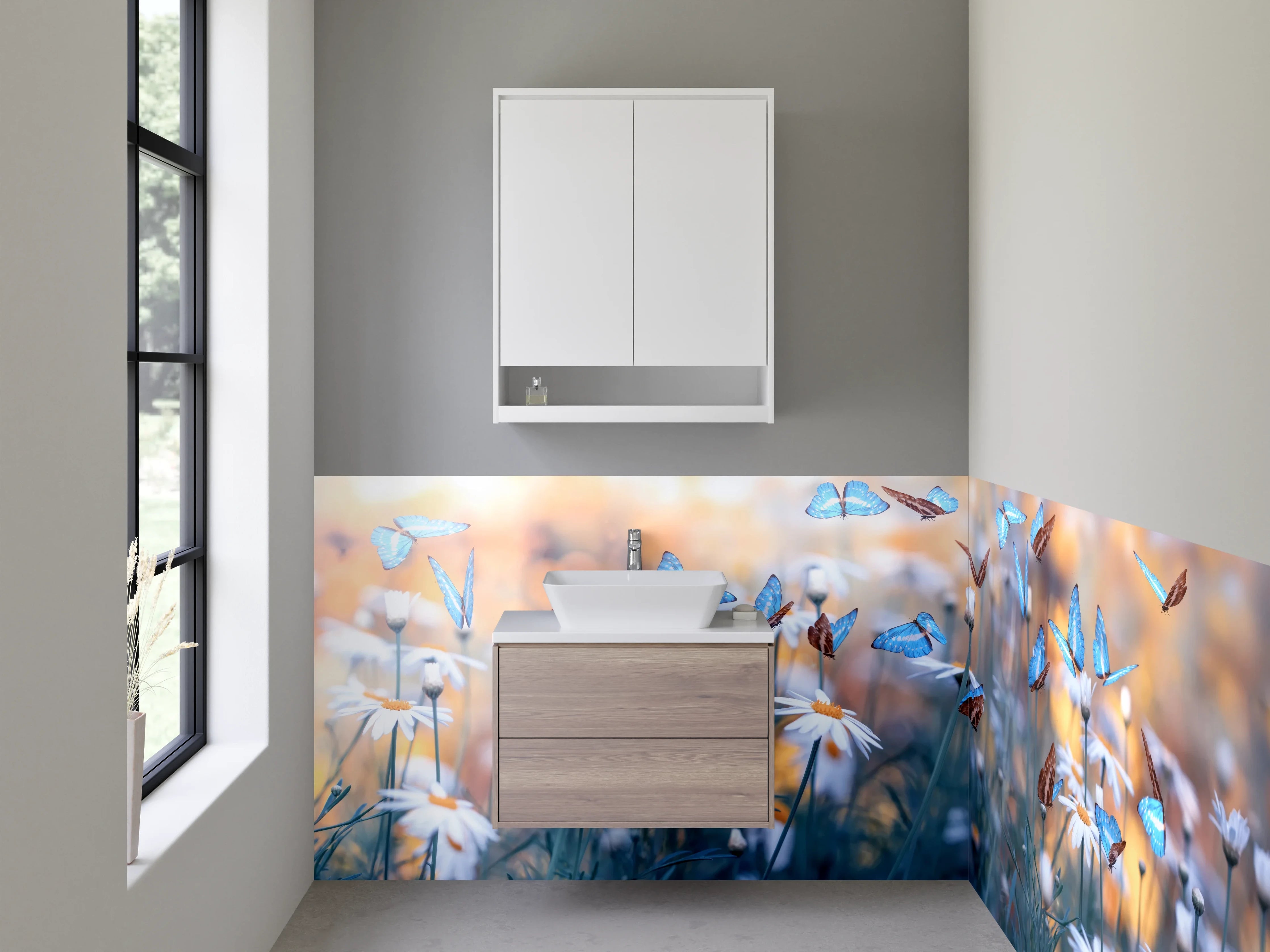 Waschbecken-Rückwand - Blauer Schmetterlingszauber auf Wiesenblumen