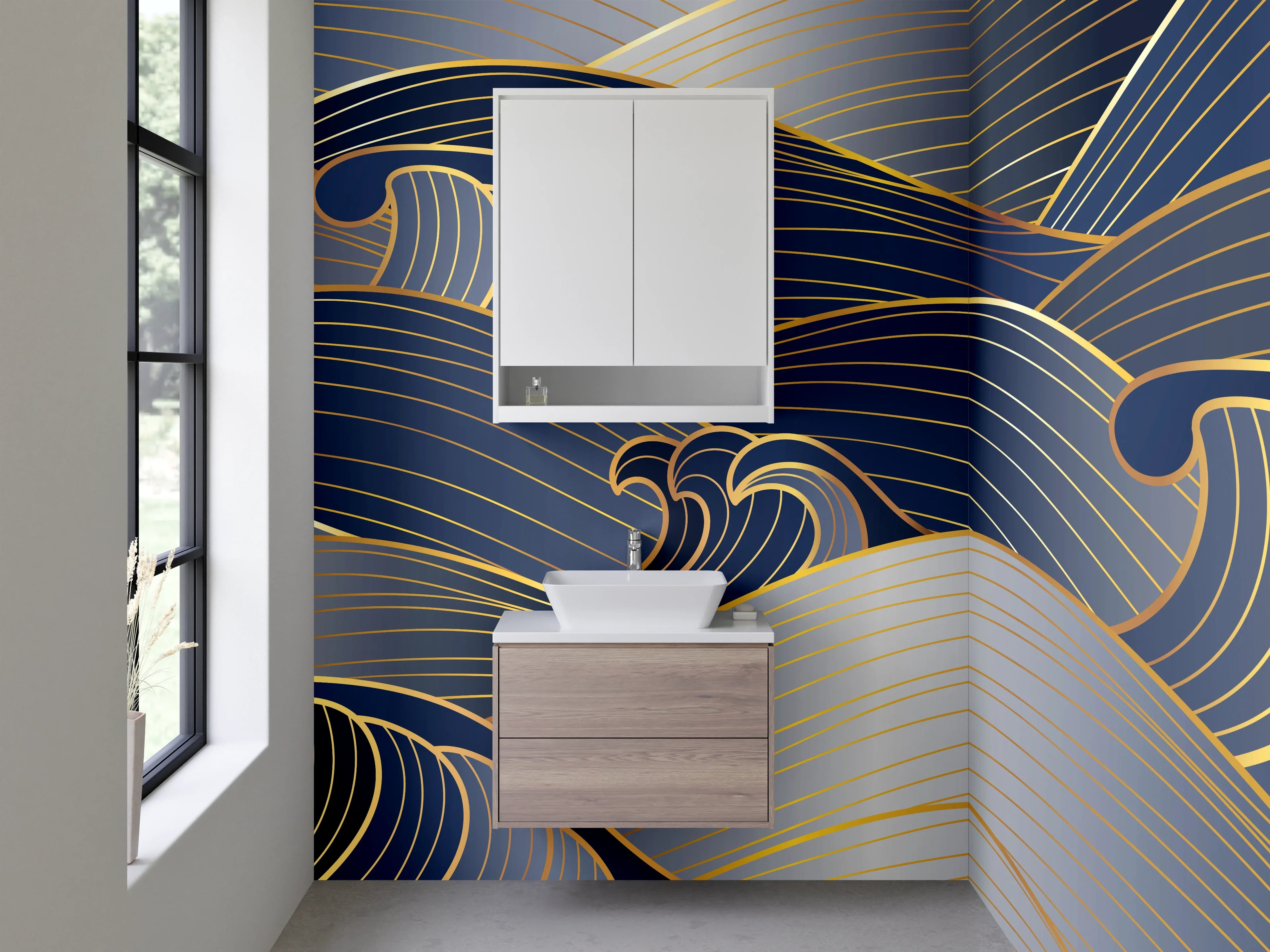 Waschbecken-Rückwand - Blauer Wellengrund mit goldenen Linien