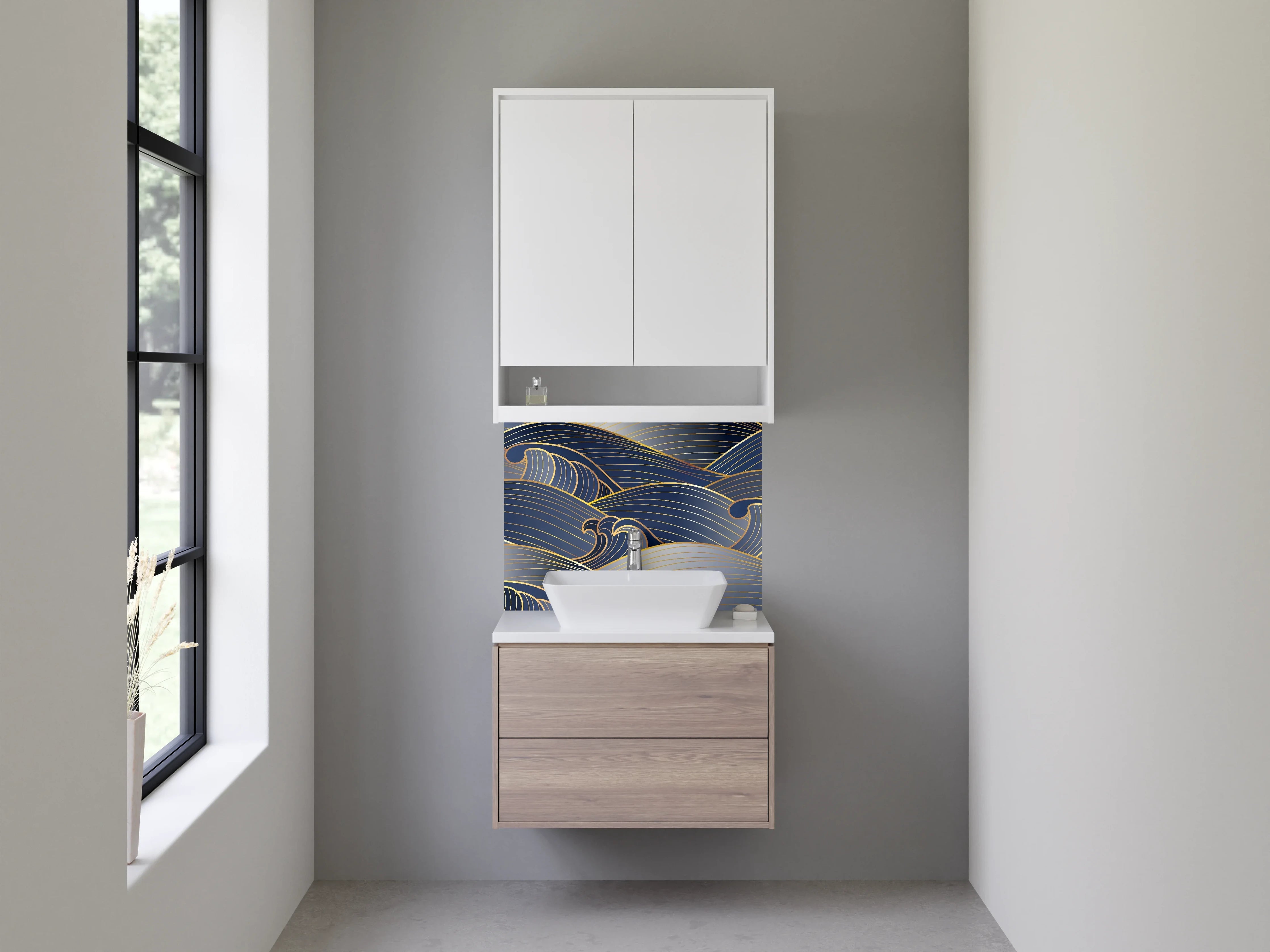 Waschbecken-Rückwand - Blauer Wellengrund mit goldenen Linien