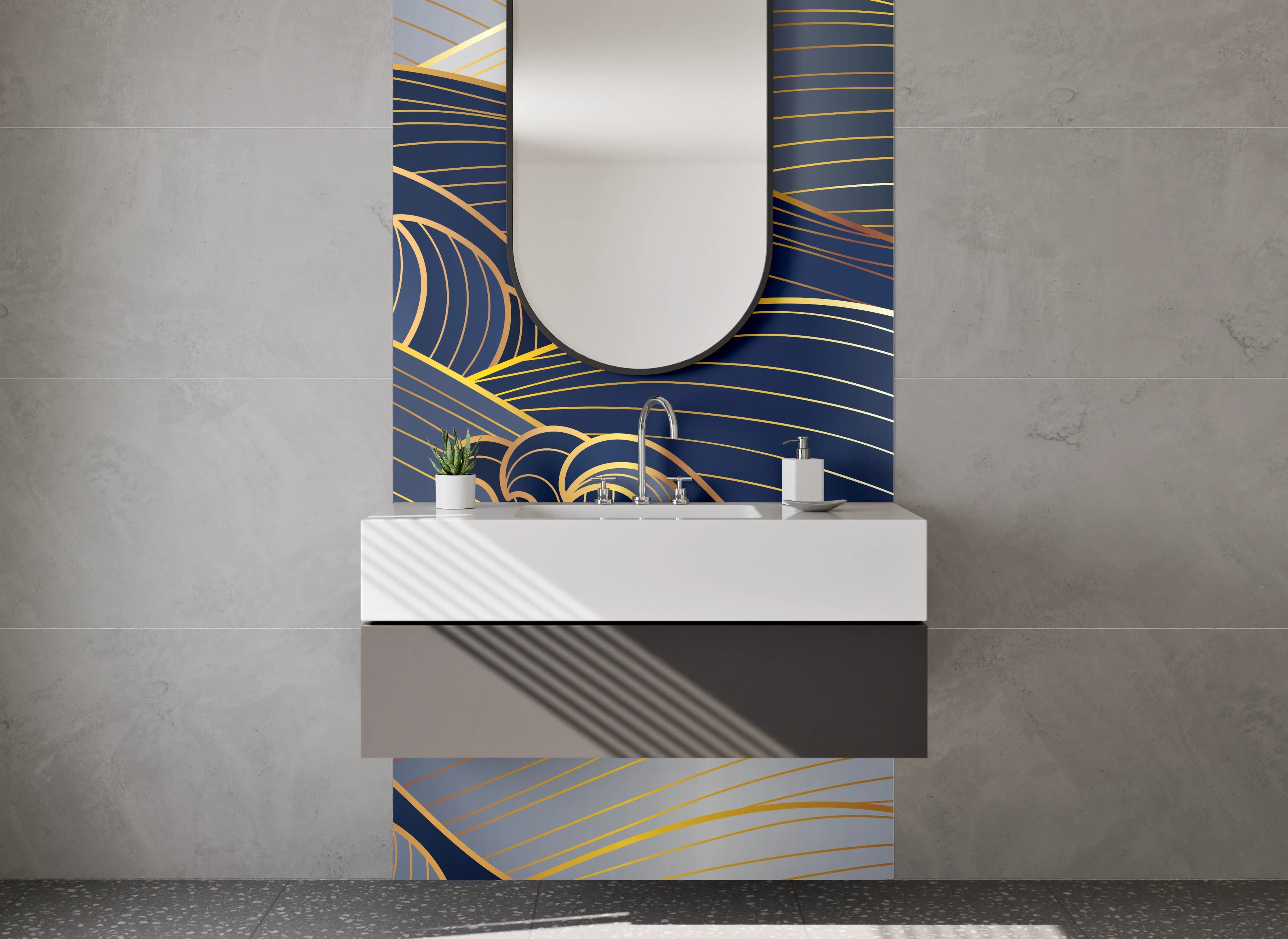 Waschbecken-Rückwand - Blauer Wellengrund mit goldenen Linien