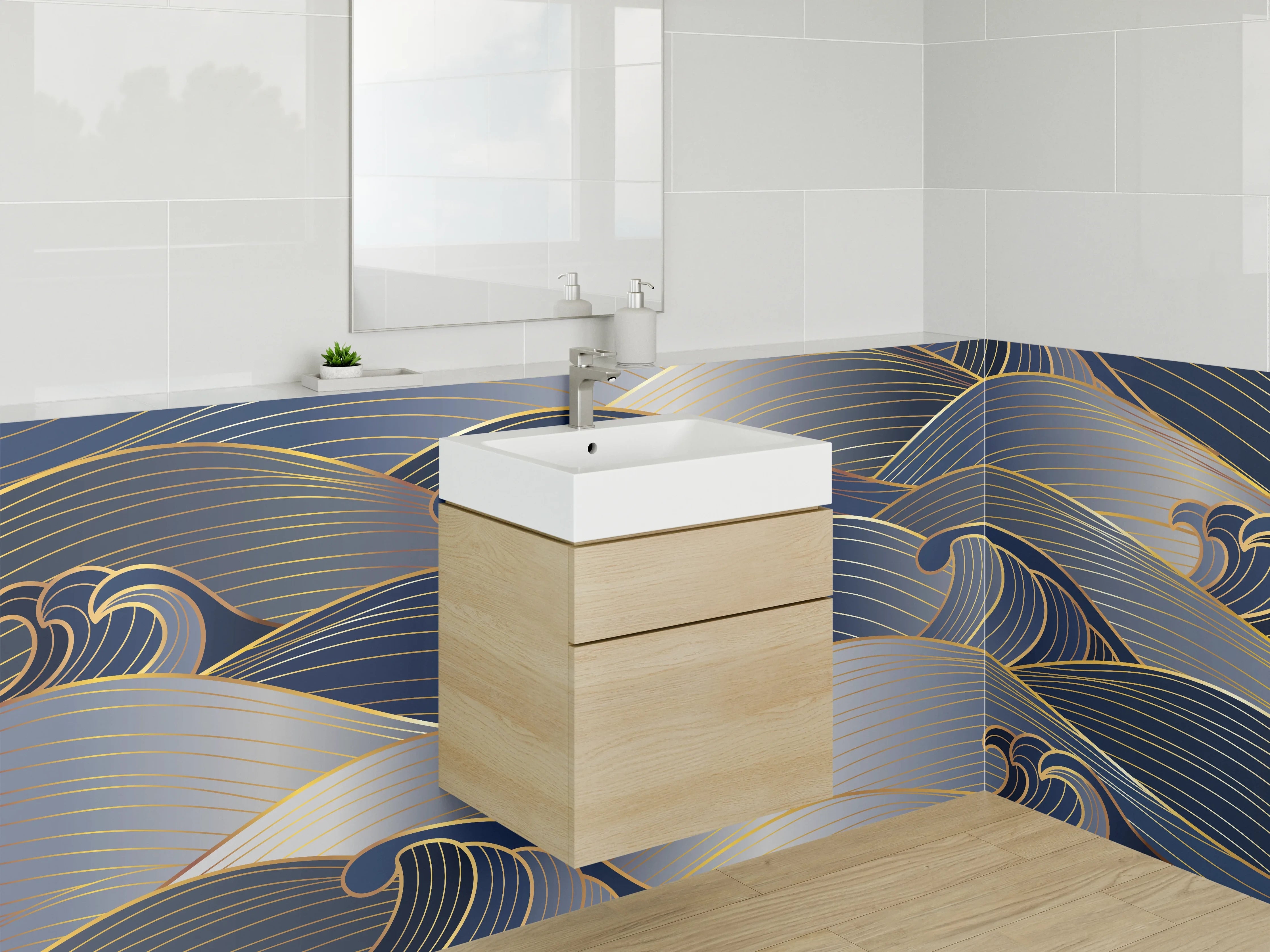 Waschbecken-Rückwand - Blauer Wellengrund mit goldenen Linien