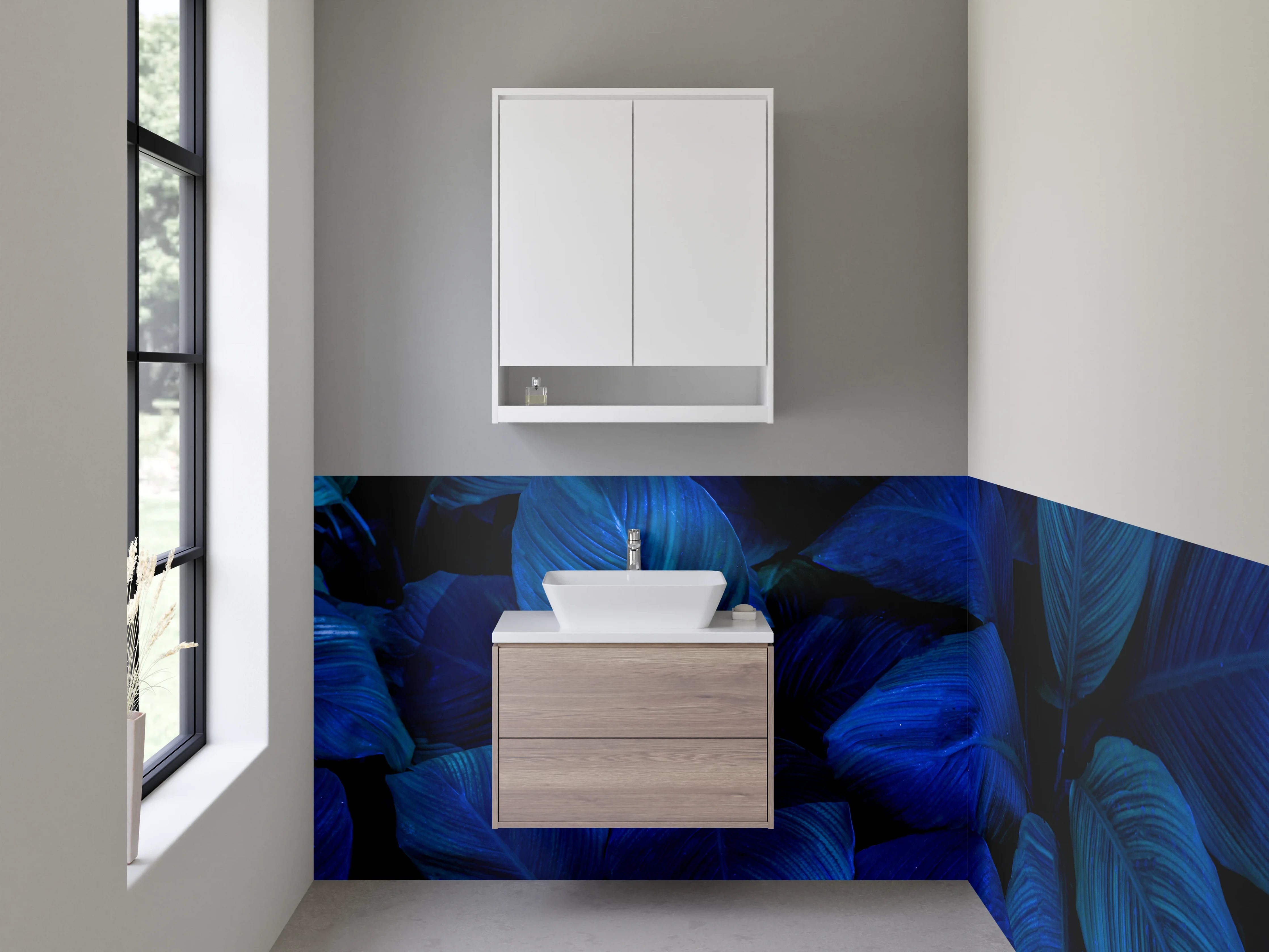 Waschbecken-Rückwand - Blaues Blätter-Design Pflanzenmuster