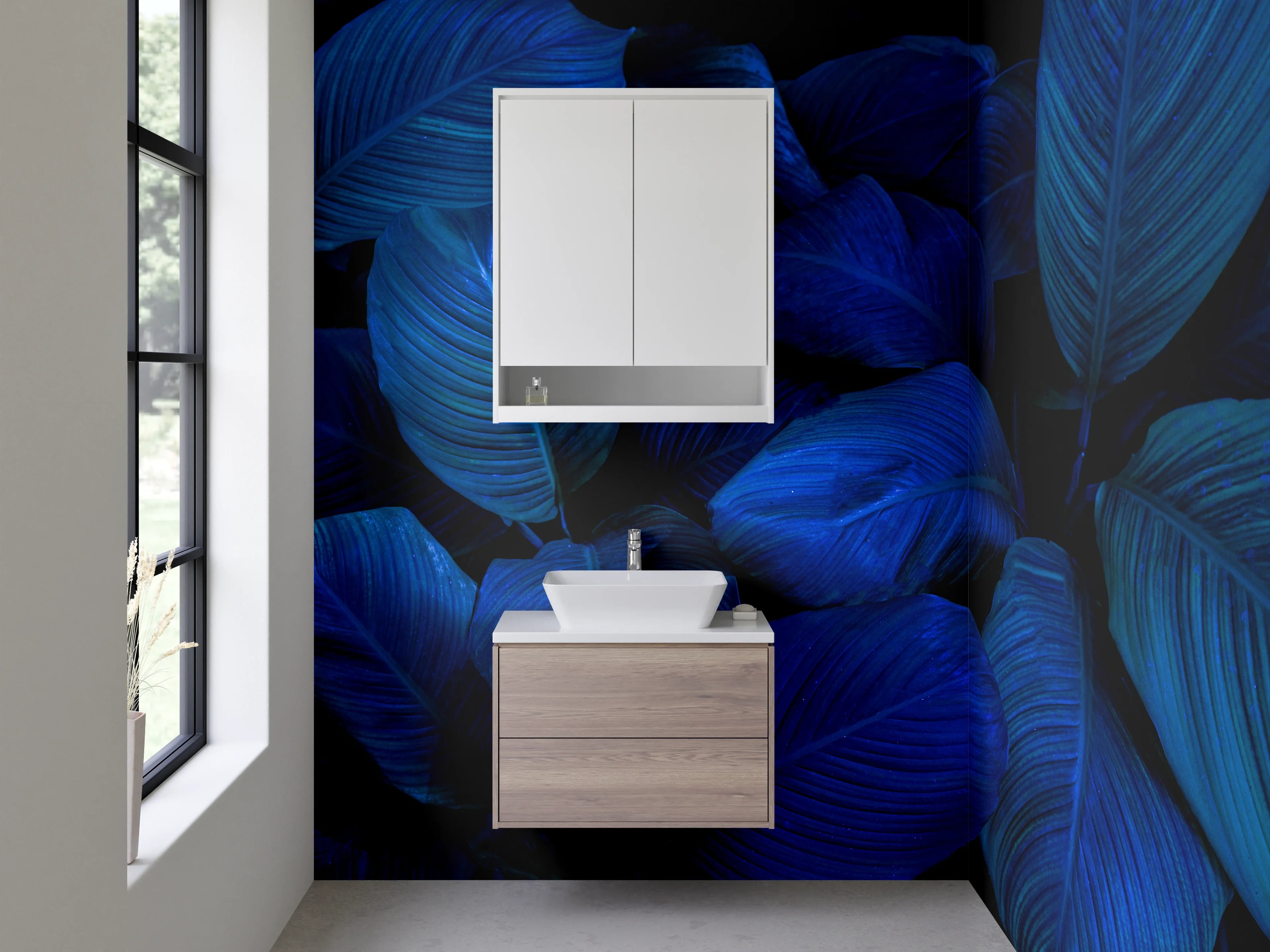Waschbecken-Rückwand - Blaues Blätter-Design Pflanzenmuster