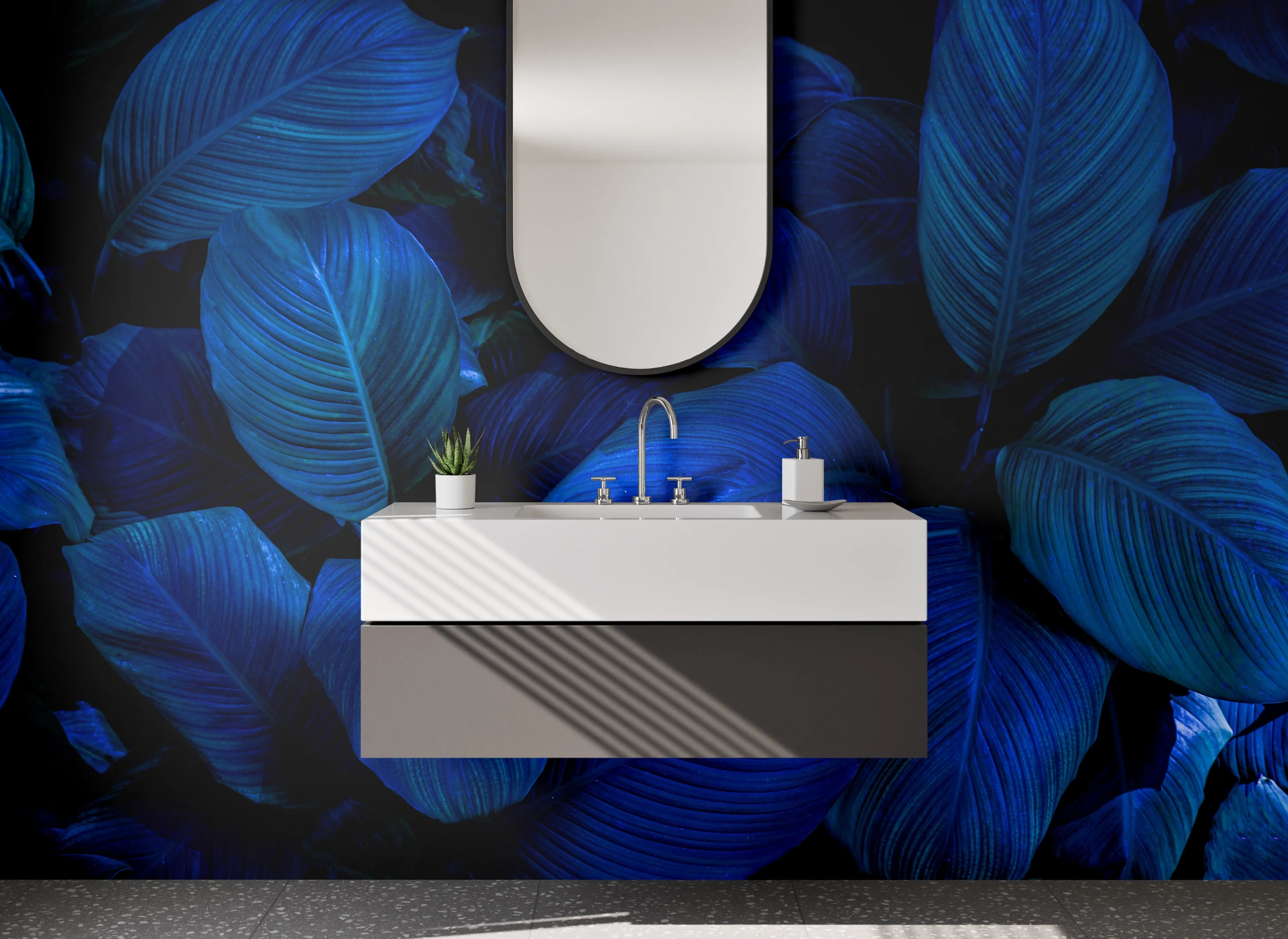 Waschbecken-Rückwand - Blaues Blätter-Design Pflanzenmuster