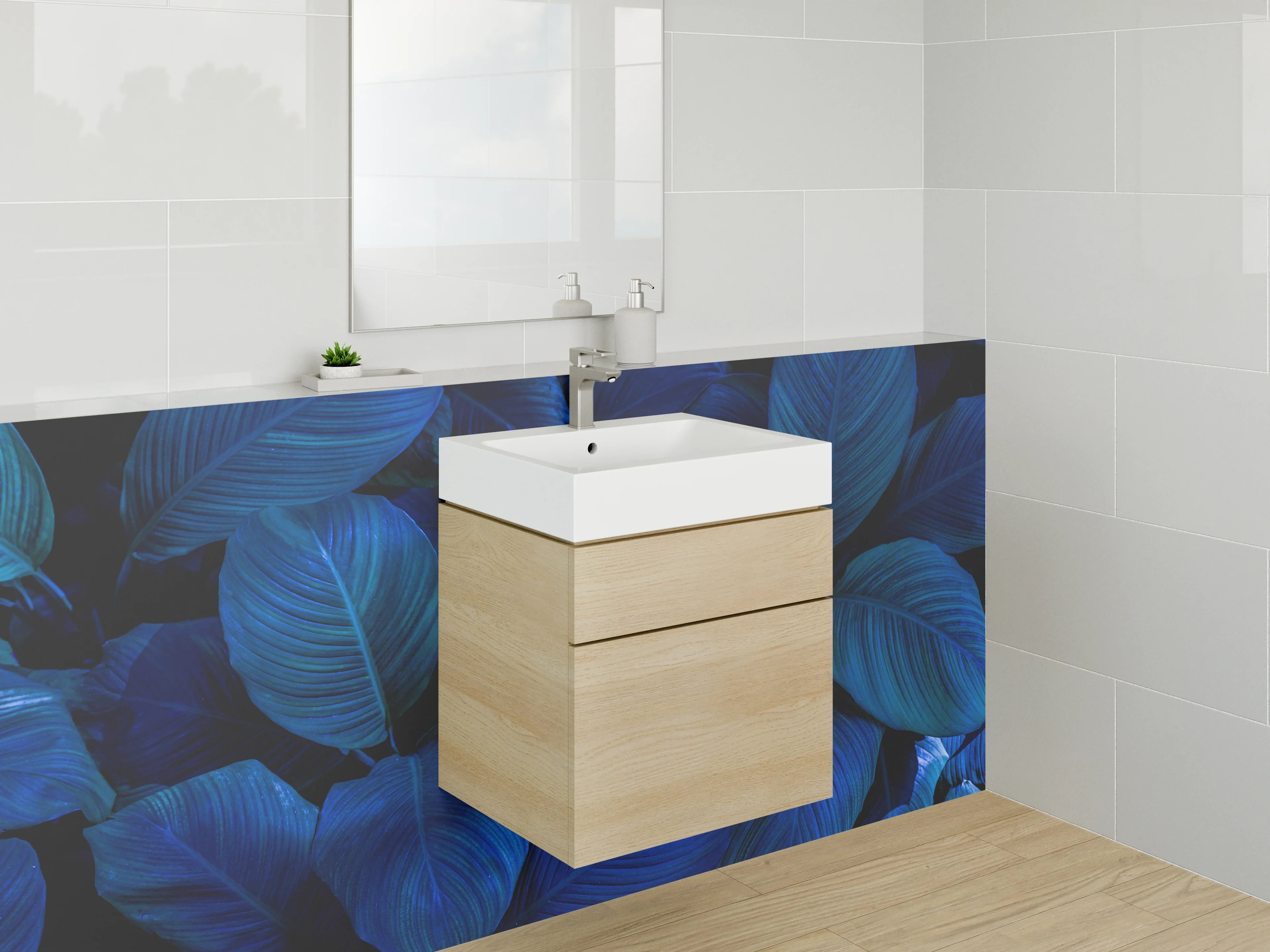 Waschbecken-Rückwand - Blaues Blätter-Design Pflanzenmuster