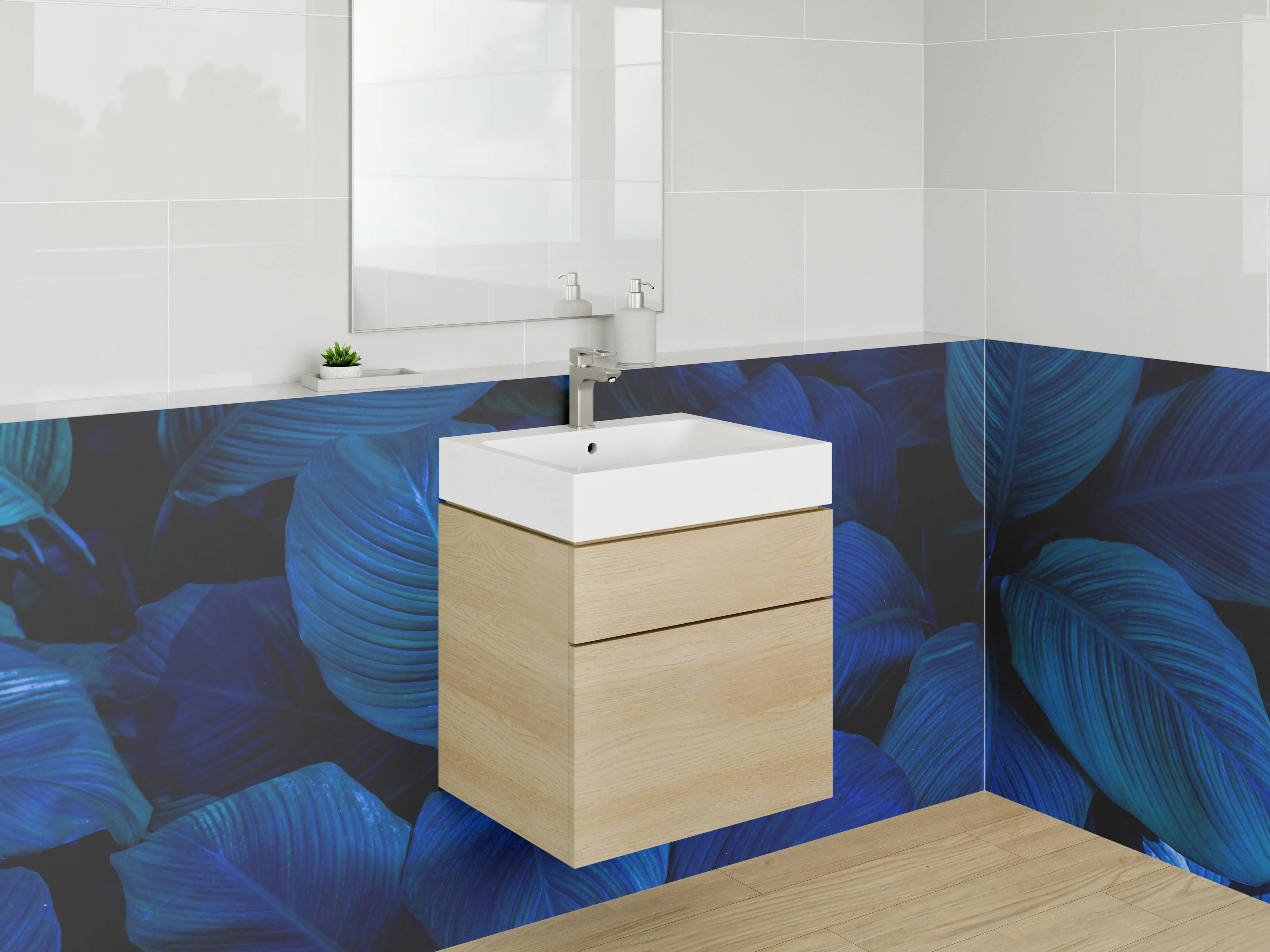 Waschbecken-Rückwand - Blaues Blätter-Design Pflanzenmuster
