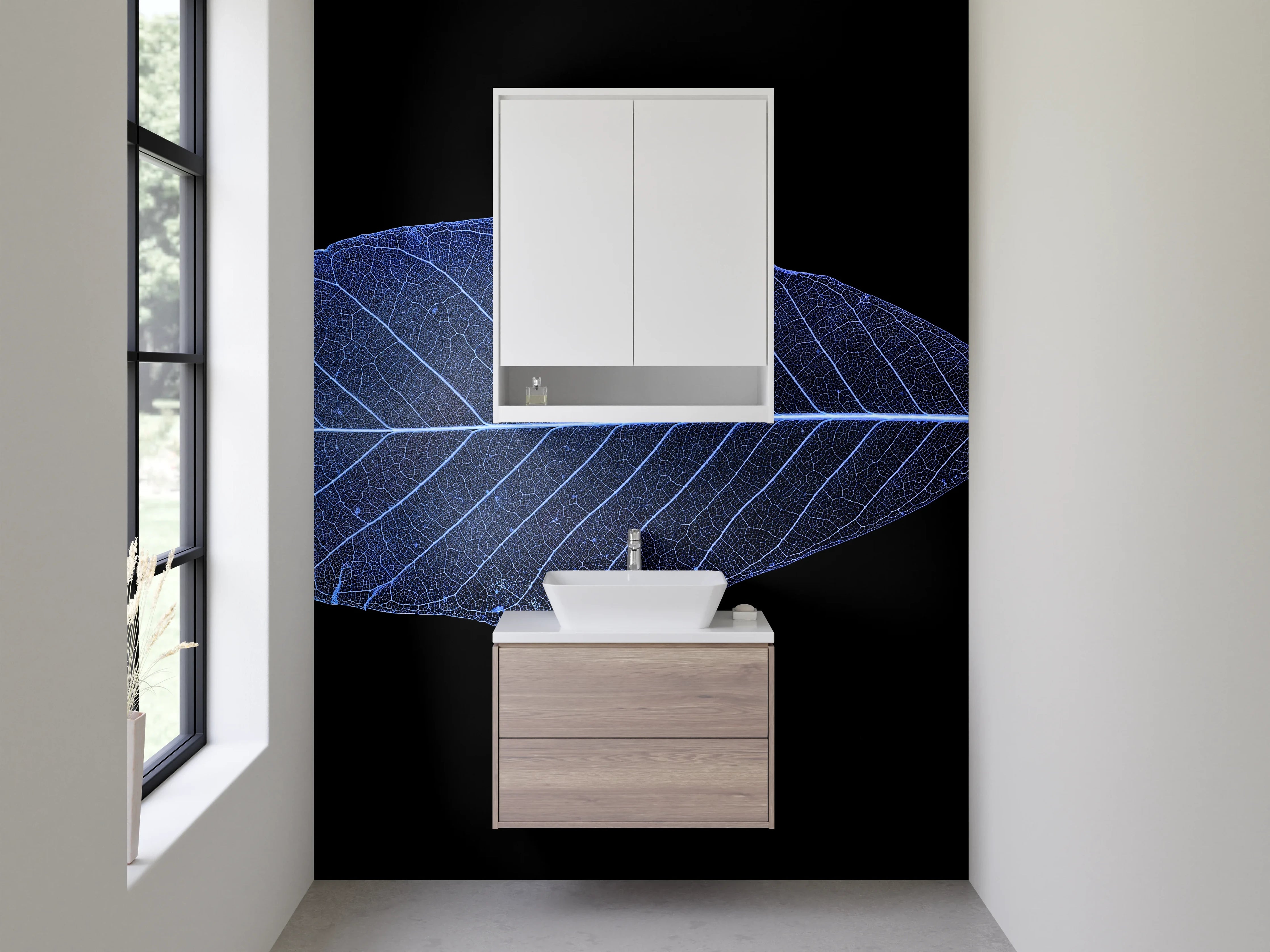 Waschbecken-Rückwand - Blaues Blatt Skelett auf Schwarz