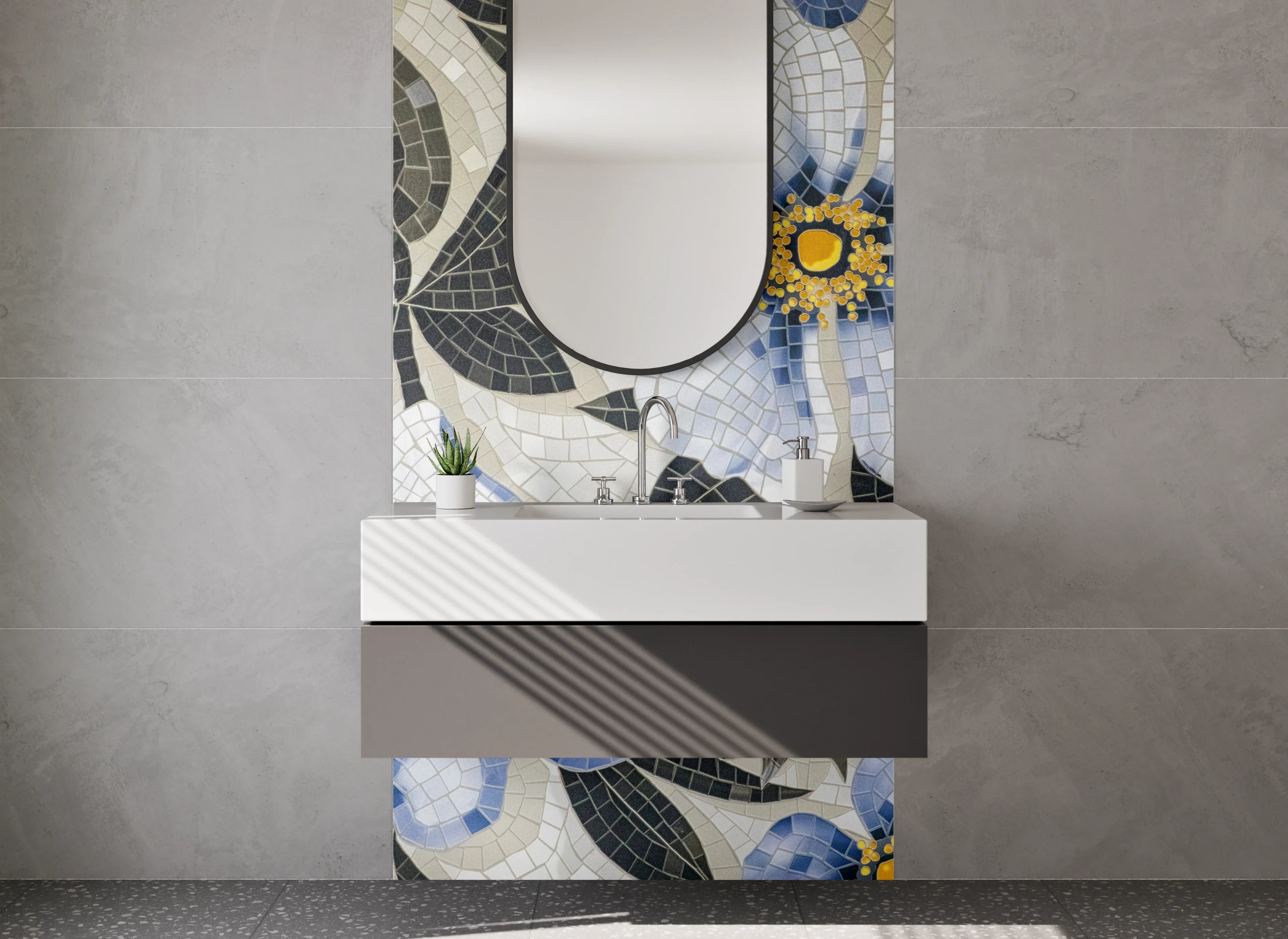 Waschbecken-Rückwand - Blaues Blumen-Mosaik Design