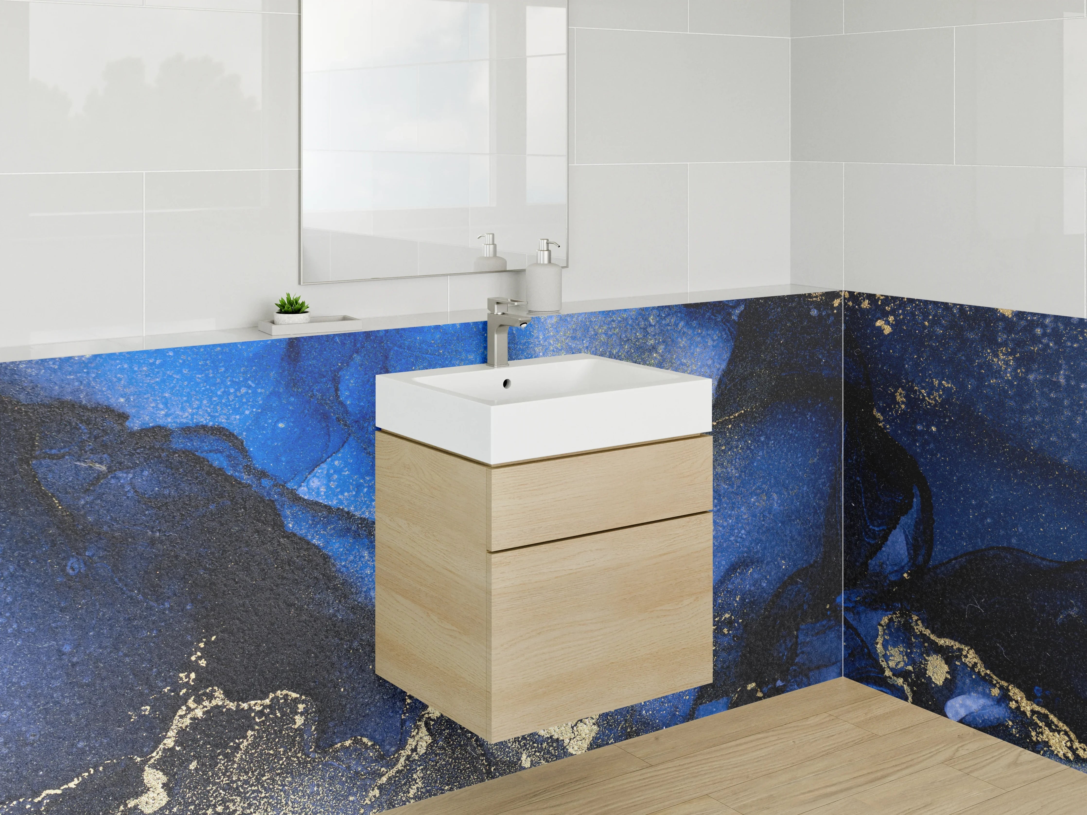 Waschbecken-Rückwand - Blaugraue Goldadern auf Marmorweiß