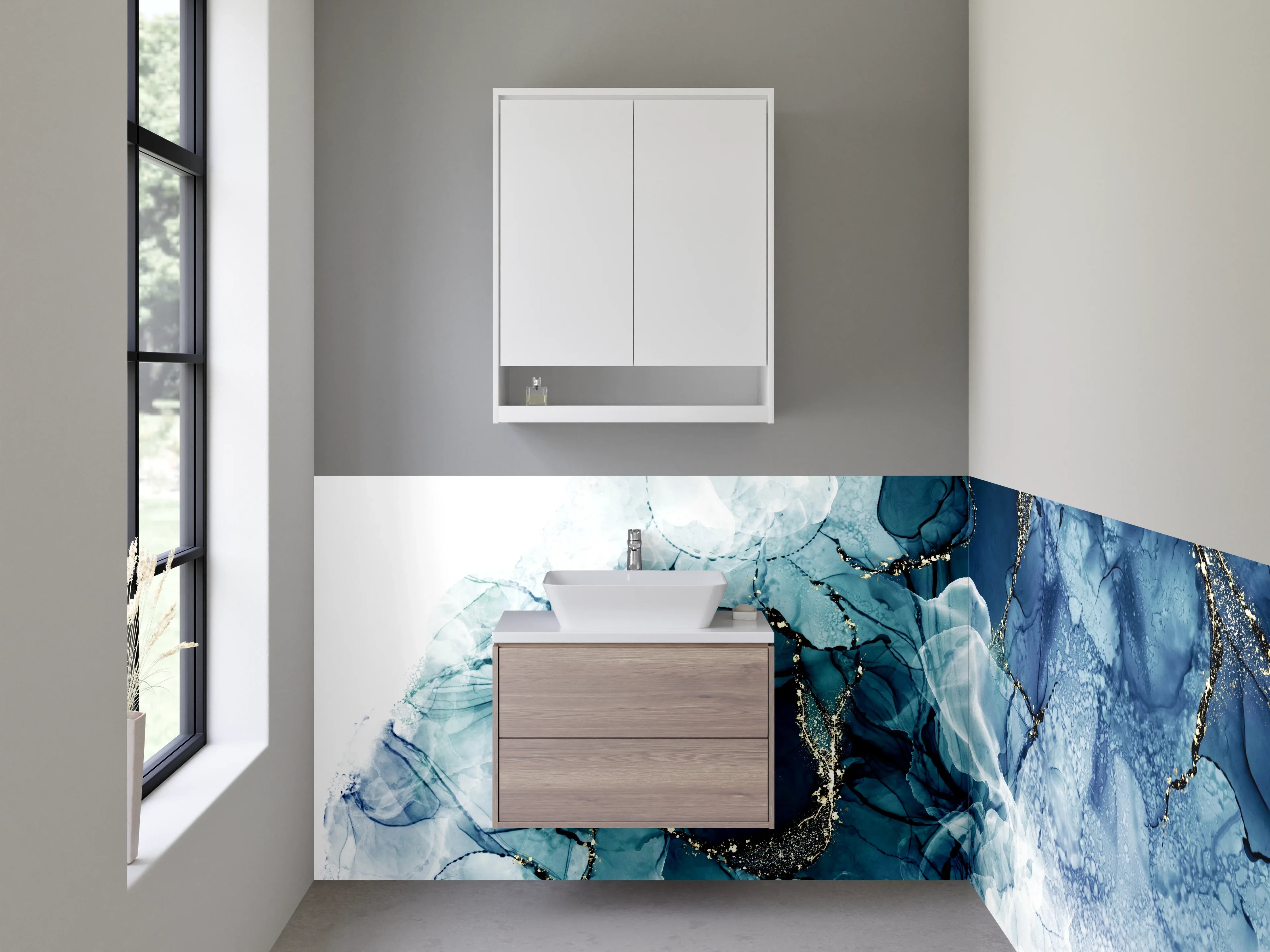 Waschbecken-Rückwand - Blaugraue Marmorschimmer auf Weiß