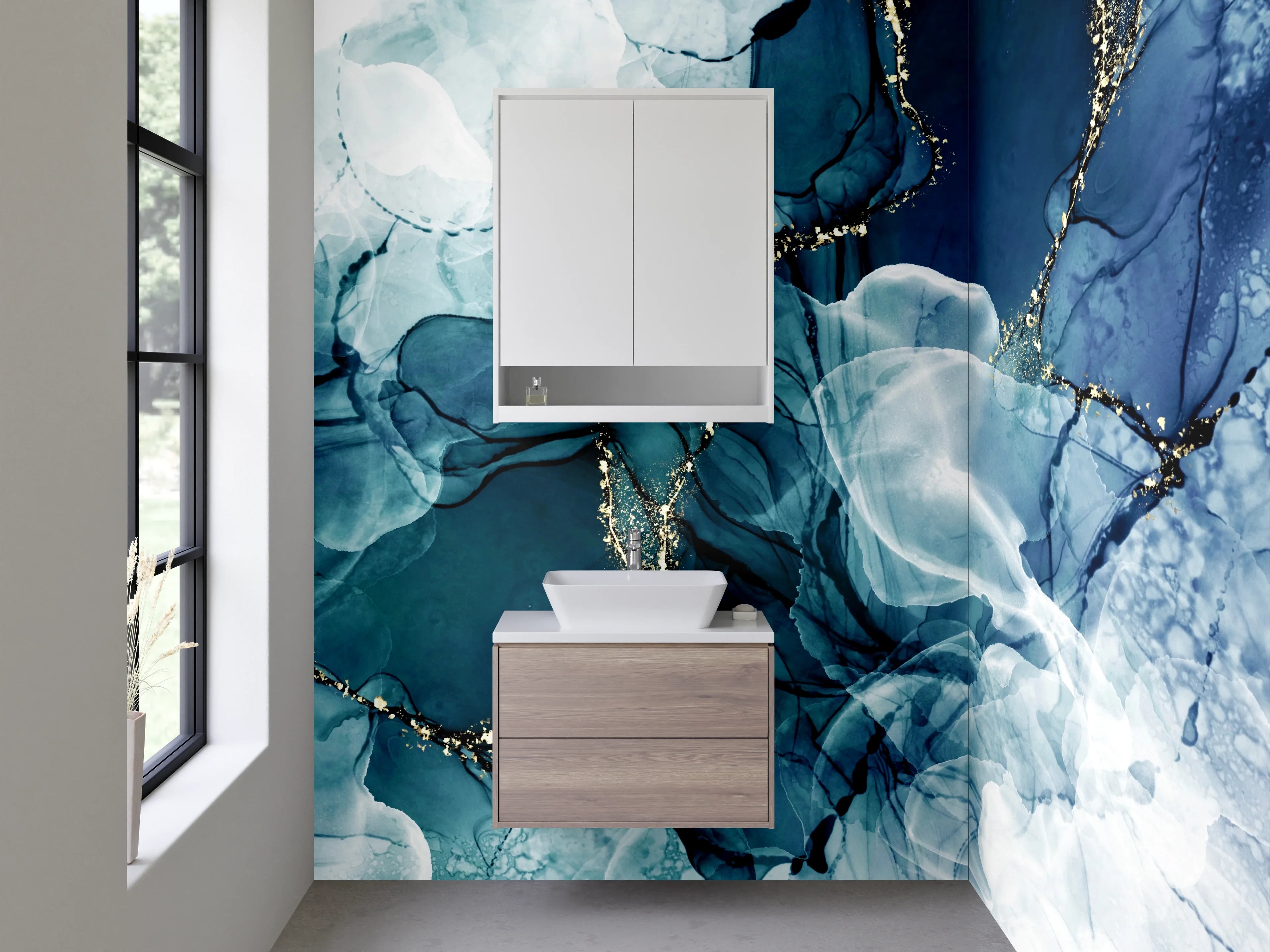 Waschbecken-Rückwand - Blaugraue Marmorschimmer auf Weiß