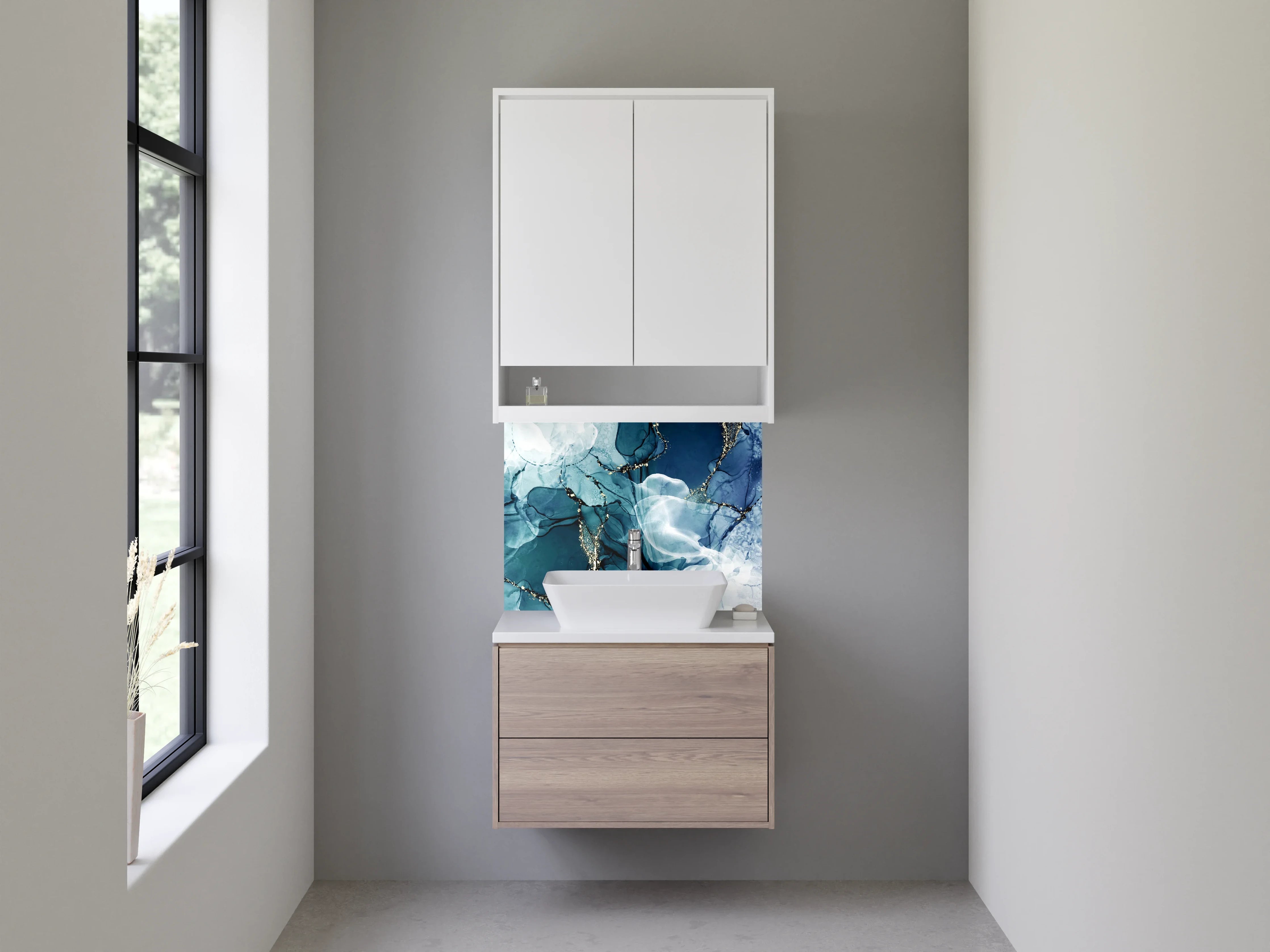 Waschbecken-Rückwand - Blaugraue Marmorschimmer auf Weiß