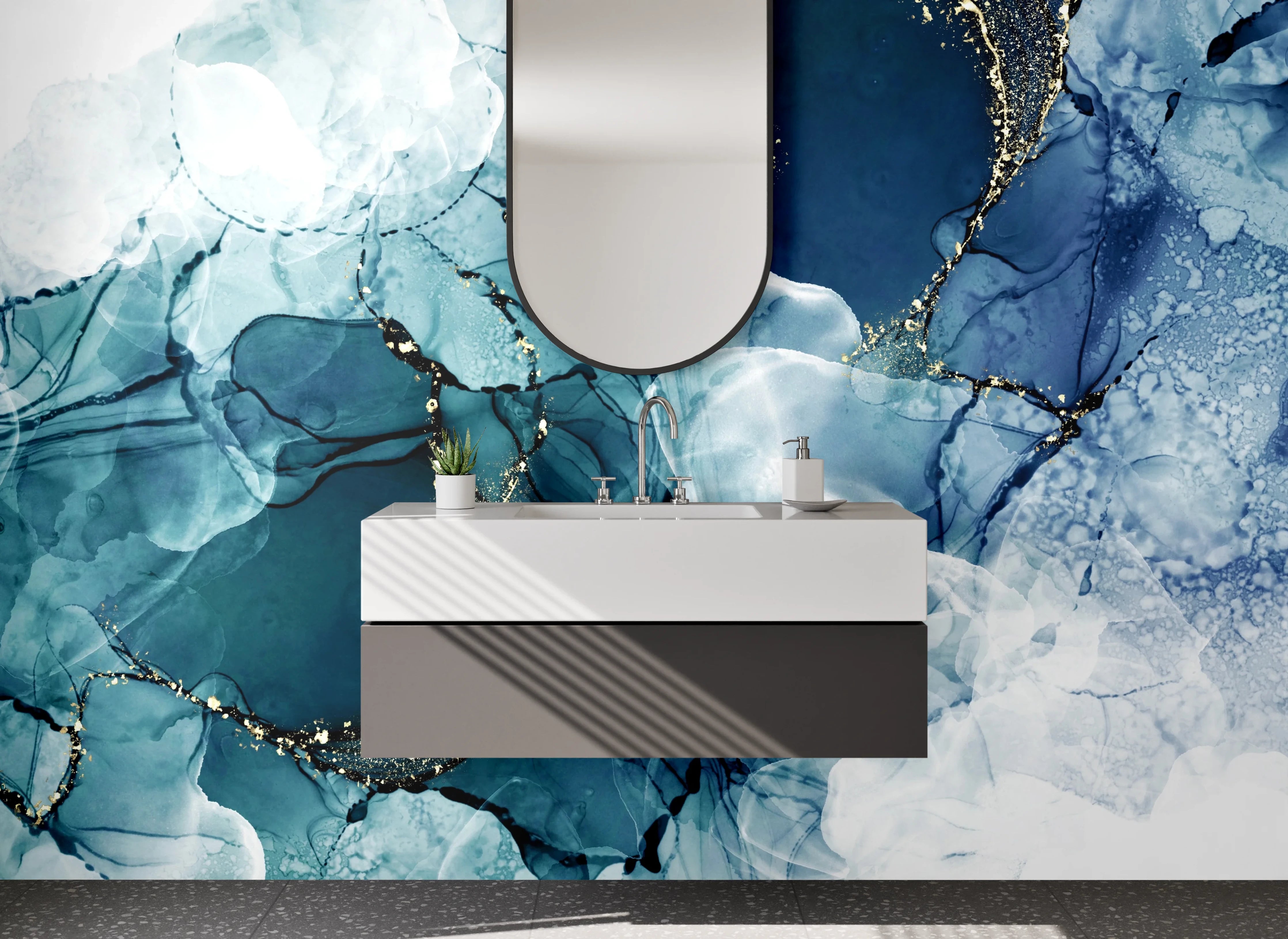 Waschbecken-Rückwand - Blaugraue Marmorschimmer auf Weiß