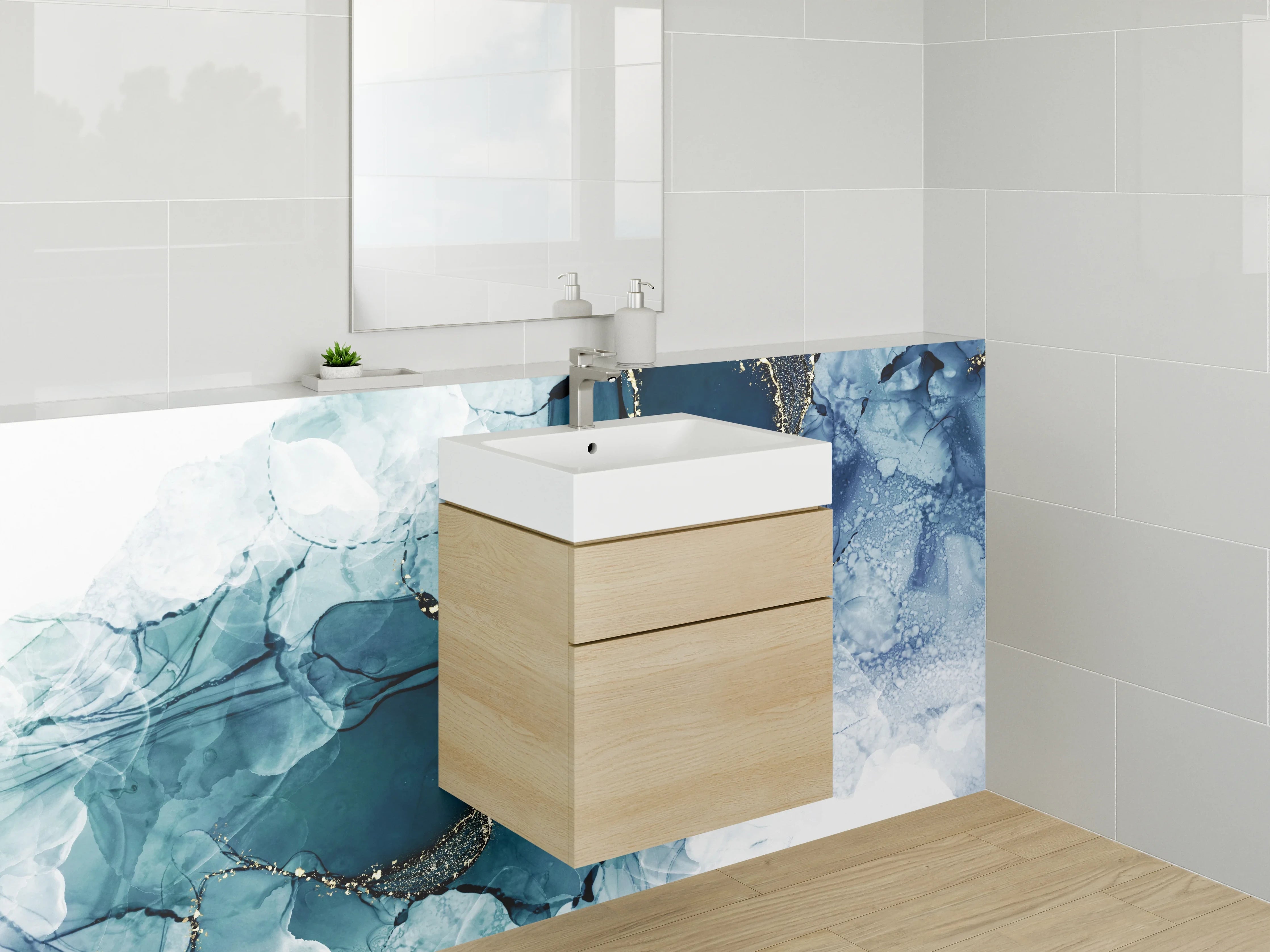 Waschbecken-Rückwand - Blaugraue Marmorschimmer auf Weiß