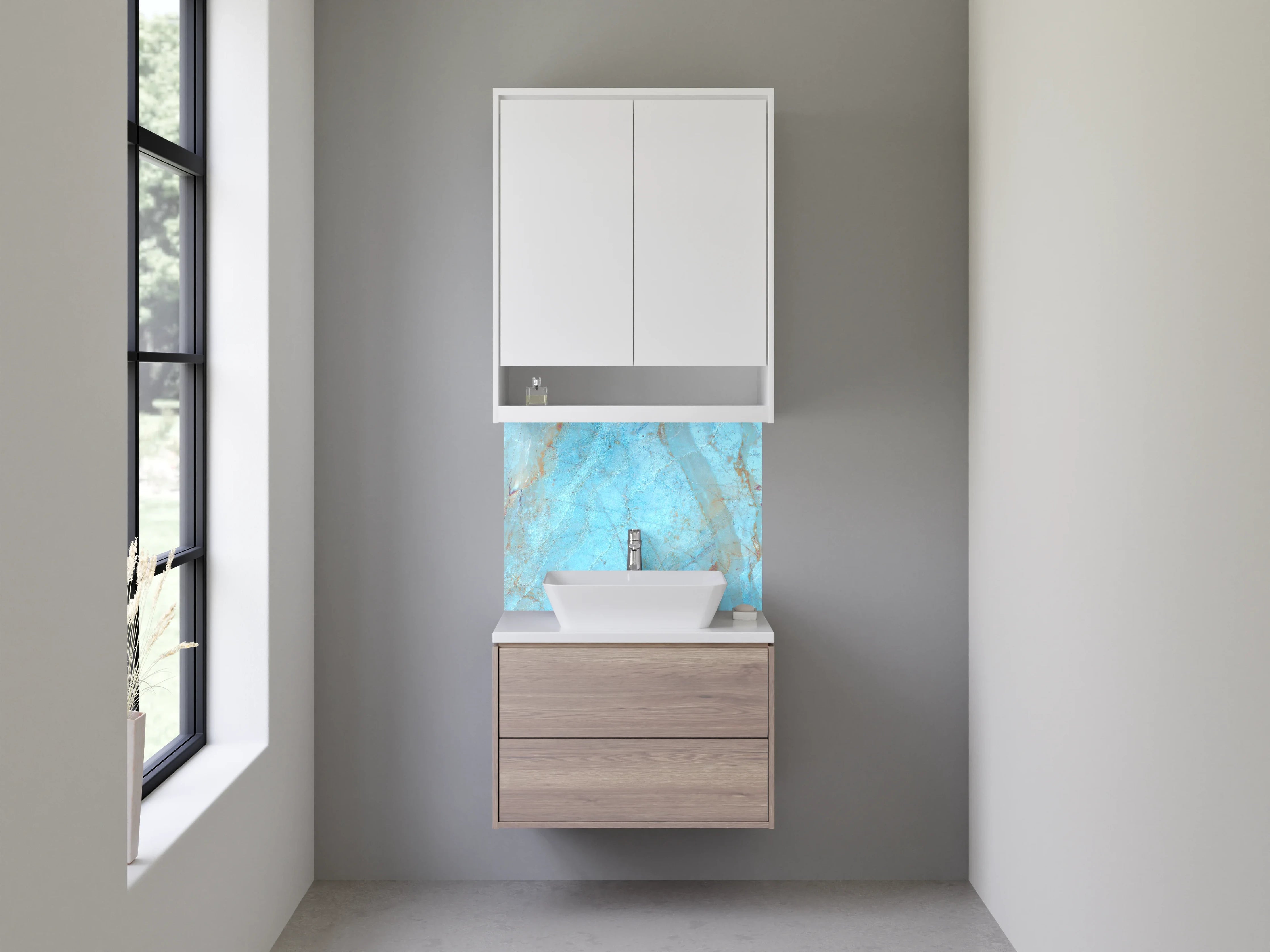 Waschbecken-Rückwand - Blaugraue Marmorschleier auf Weiß
