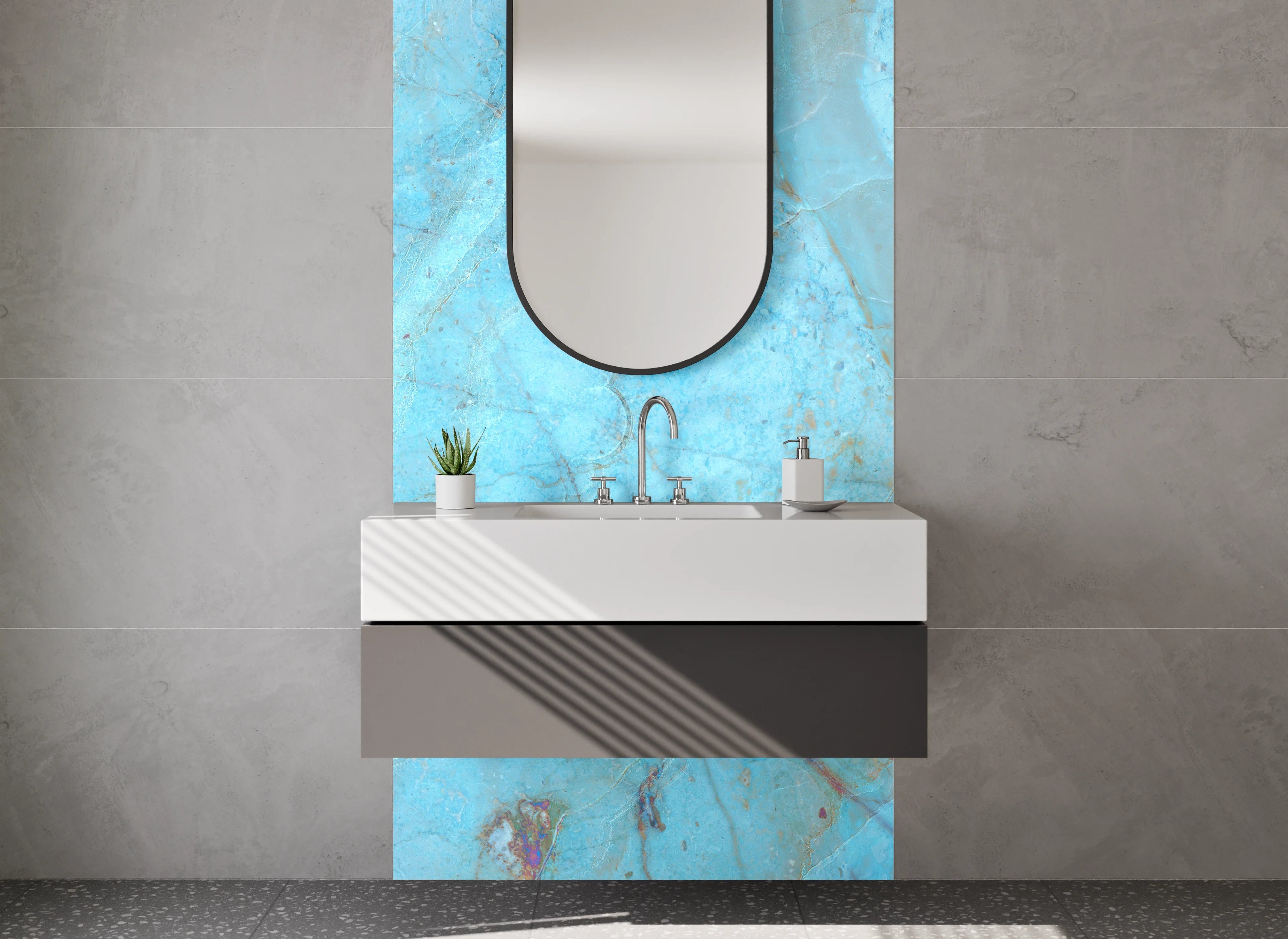 Waschbecken-Rückwand - Blaugraue Marmorschleier auf Weiß