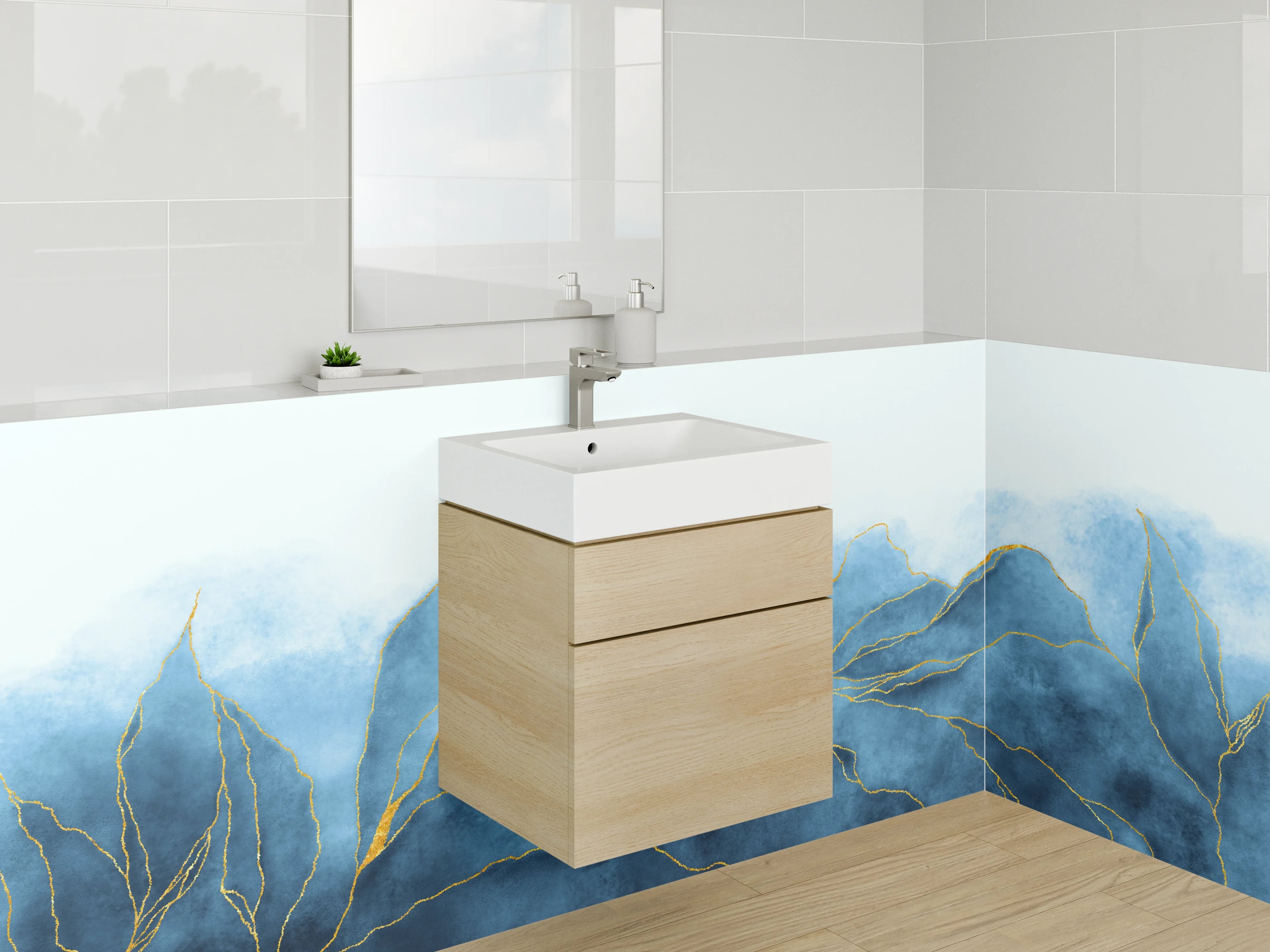 Waschbecken-Rückwand - Blaugrüne Wasserlandschaft mit Goldakzenten