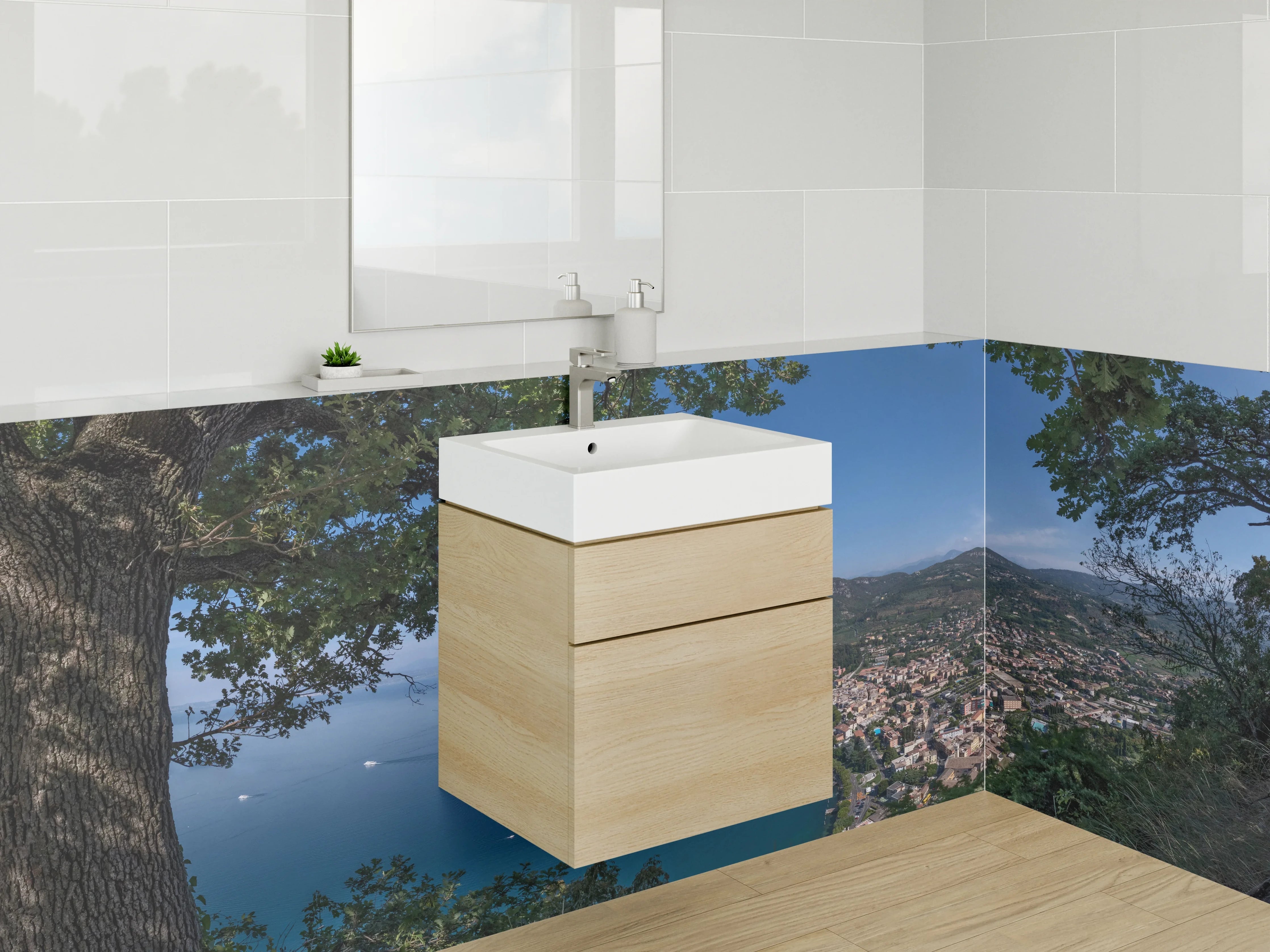 Waschbecken-Rückwand - Blick auf den See mit umliegenden Bergen