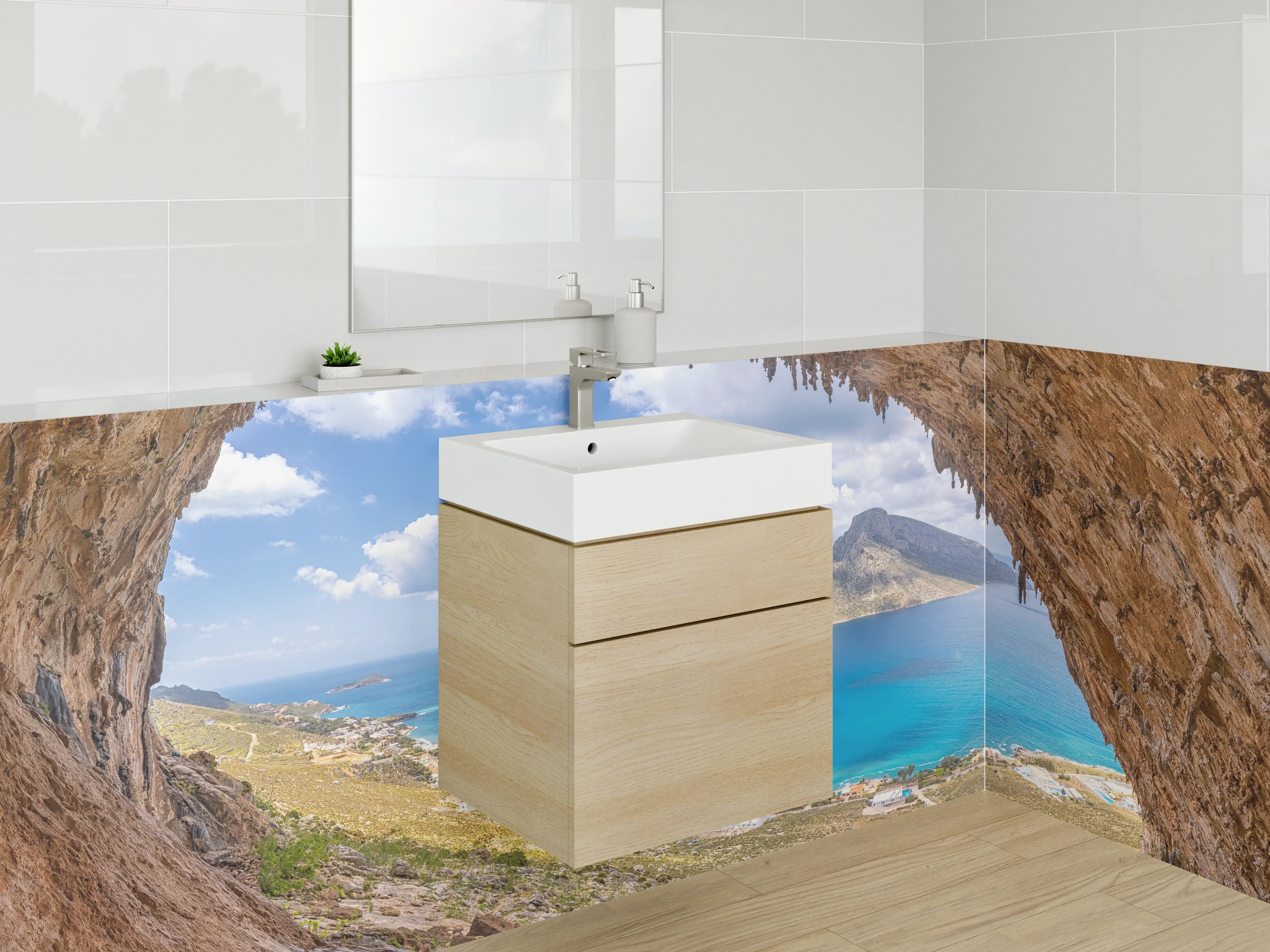 Waschbecken-Rückwand - Blick aus einer Felsenhöhle auf das Meer
