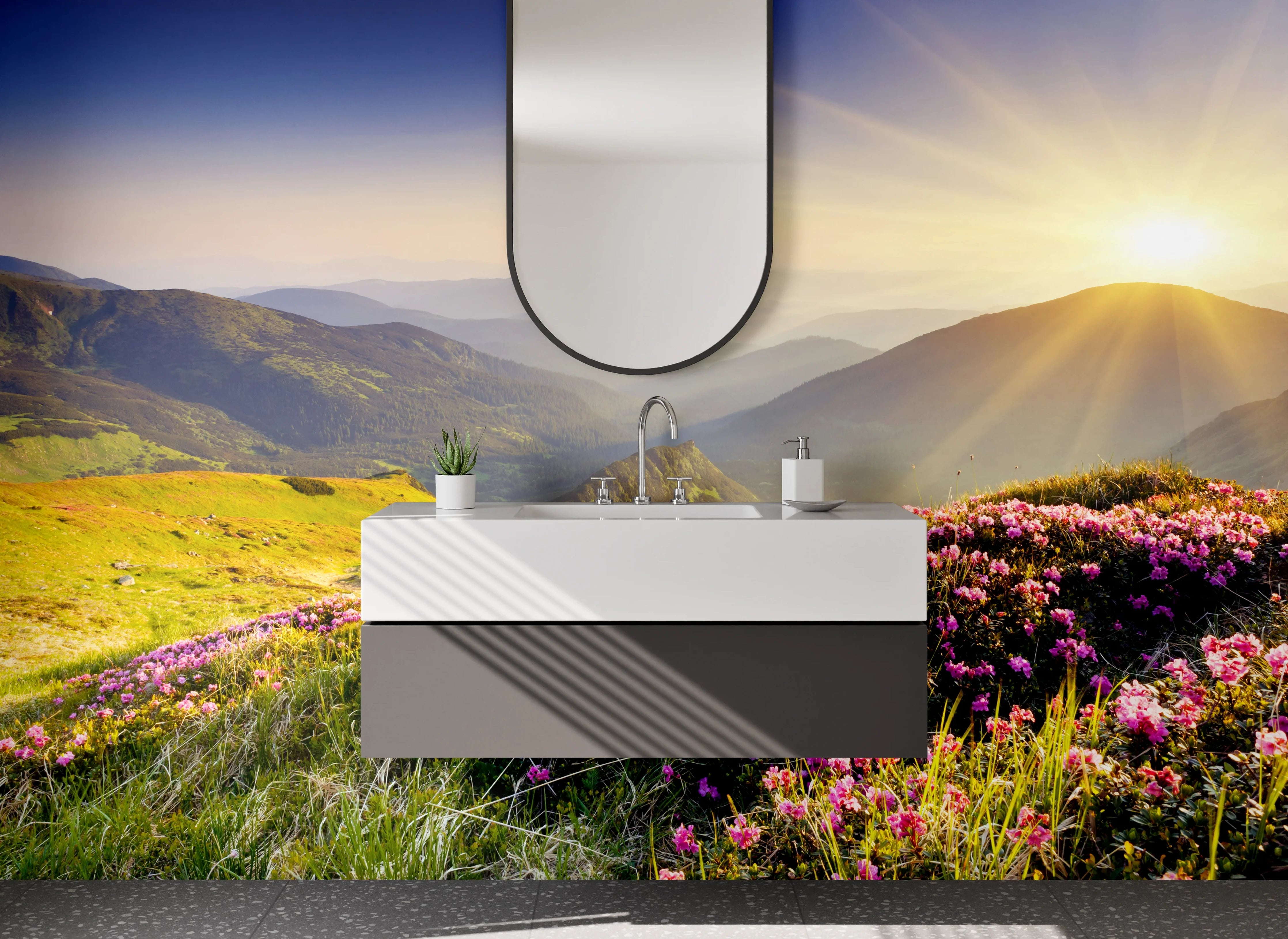 Waschbecken-Rückwand - Blühende Berglandschaft Sonnenaufgang Wiese