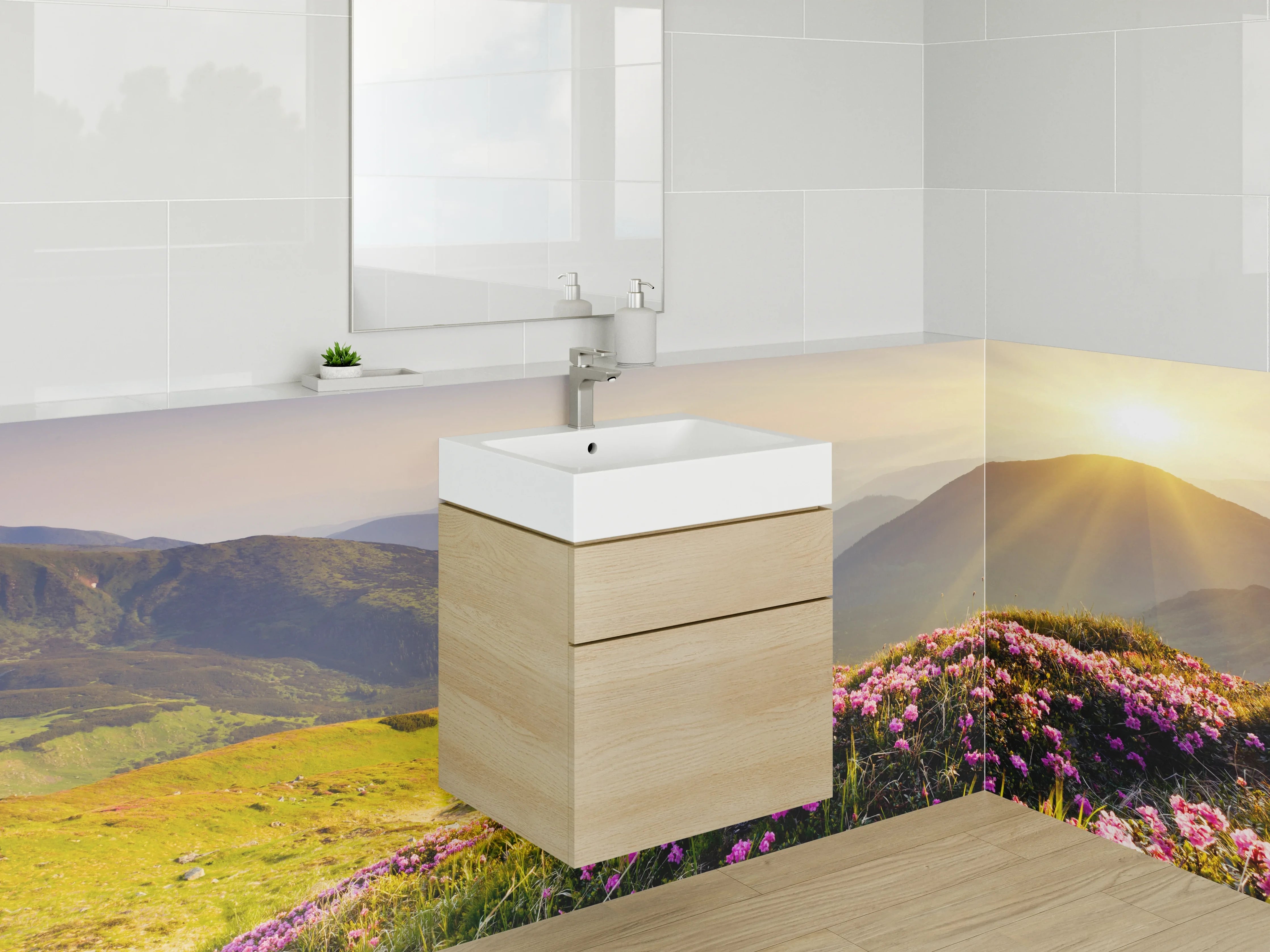 Waschbecken-Rückwand - Blühende Berglandschaft Sonnenaufgang Wiese