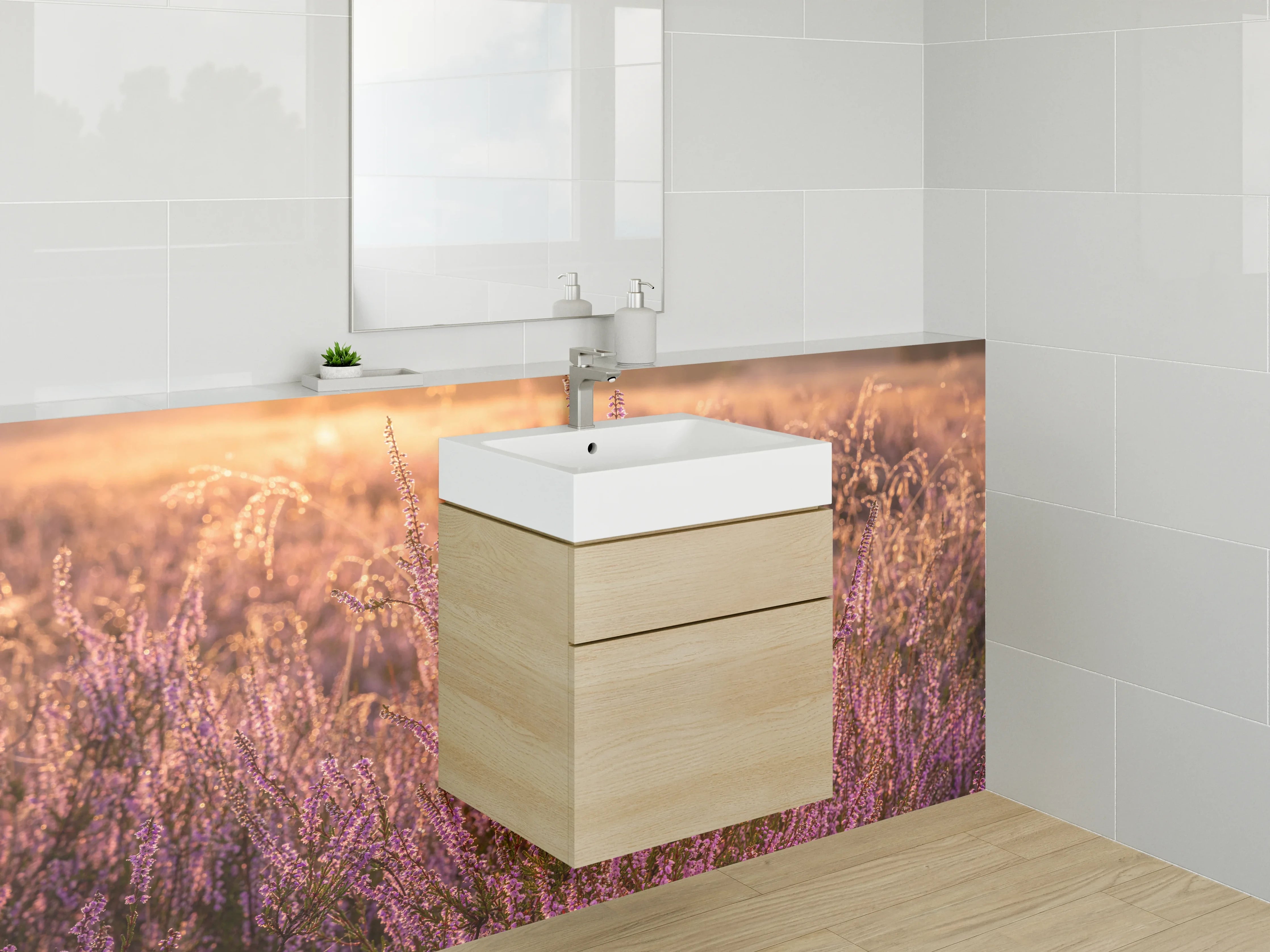 Waschbecken-Rückwand - Blühende Heide im Sonnenaufgang