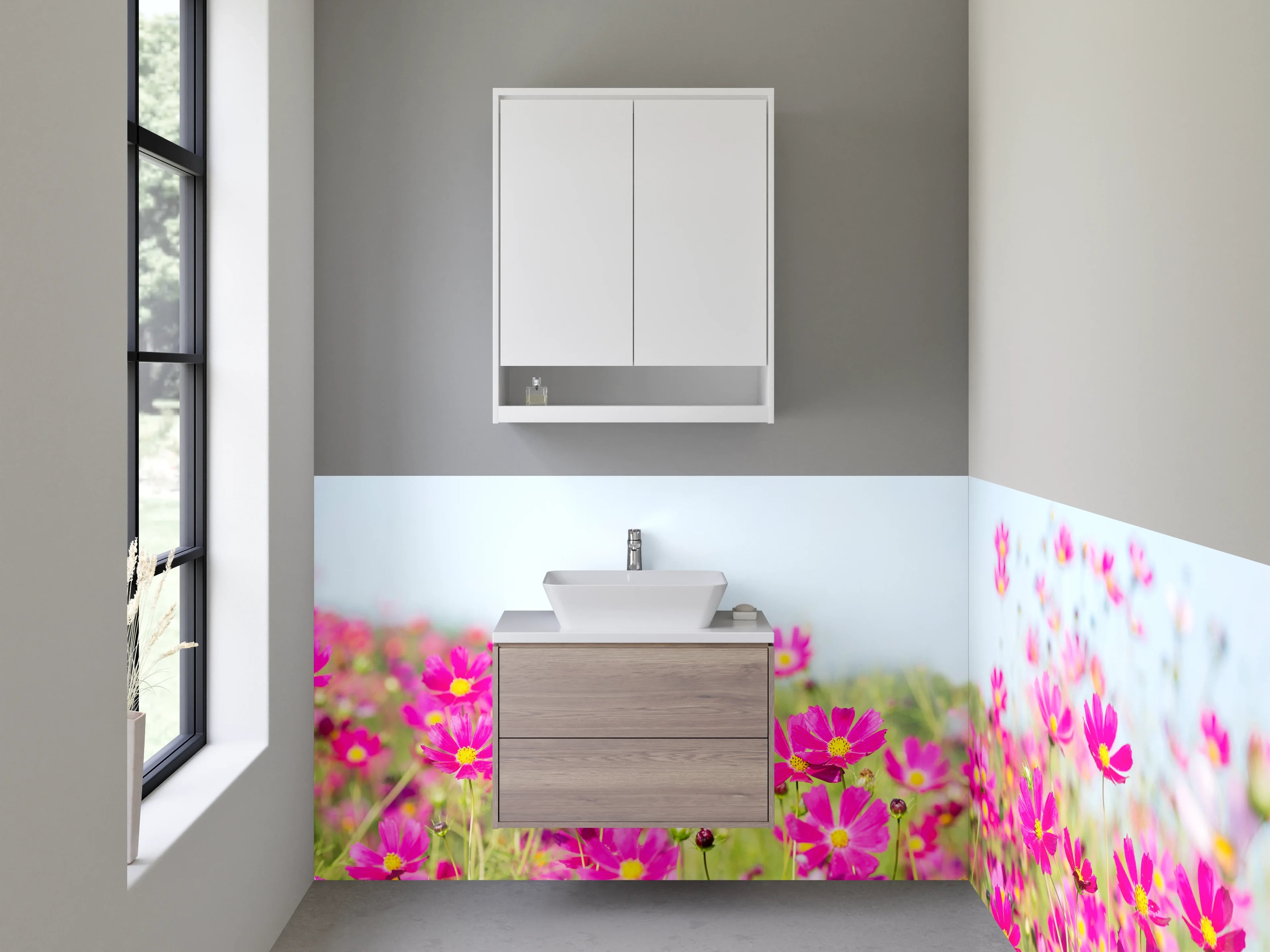 Waschbecken-Rückwand - Blühendes Blumenfeld in Pink – Fotomotiv