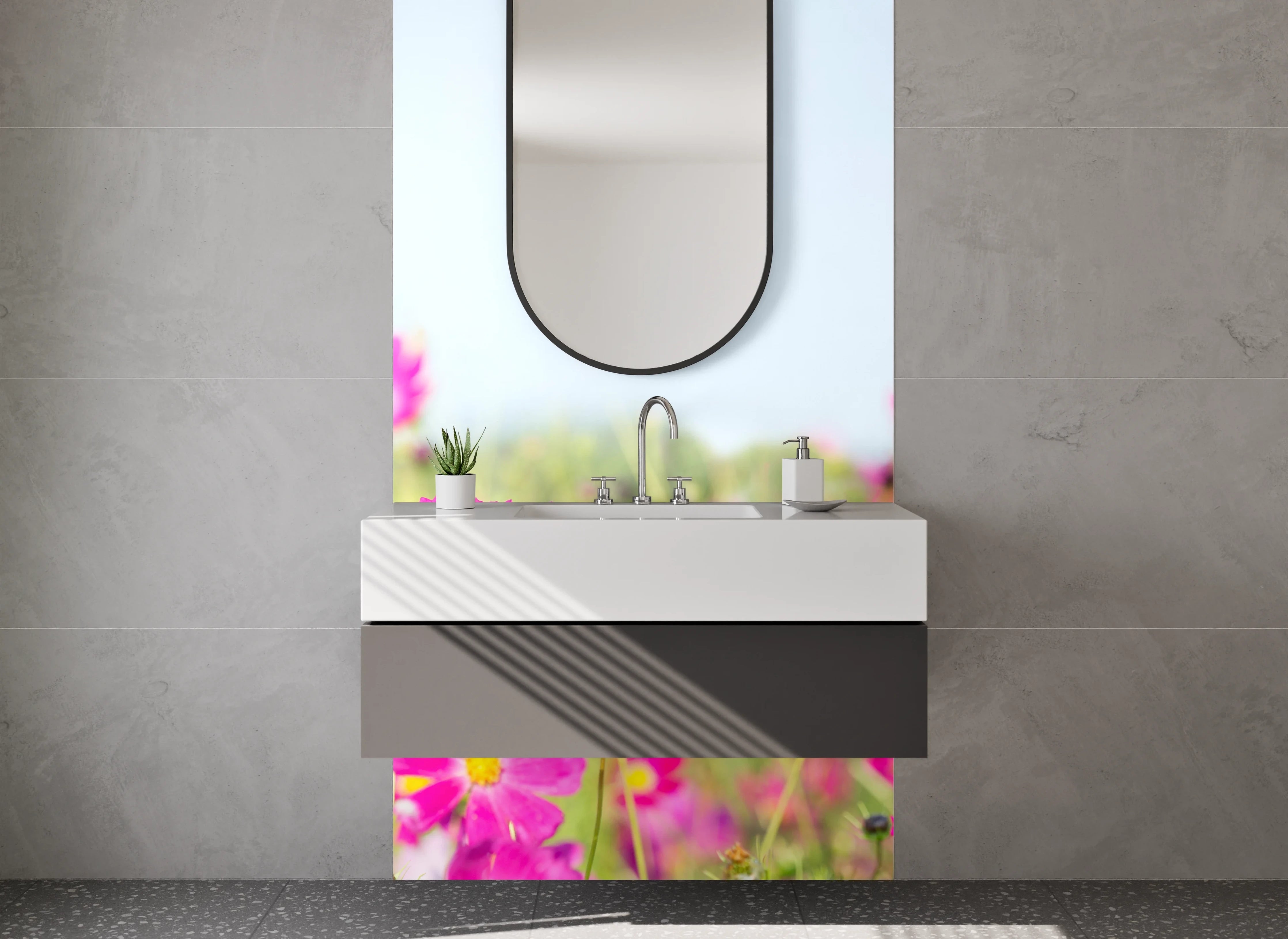 Waschbecken-Rückwand - Blühendes Blumenfeld in Pink – Fotomotiv