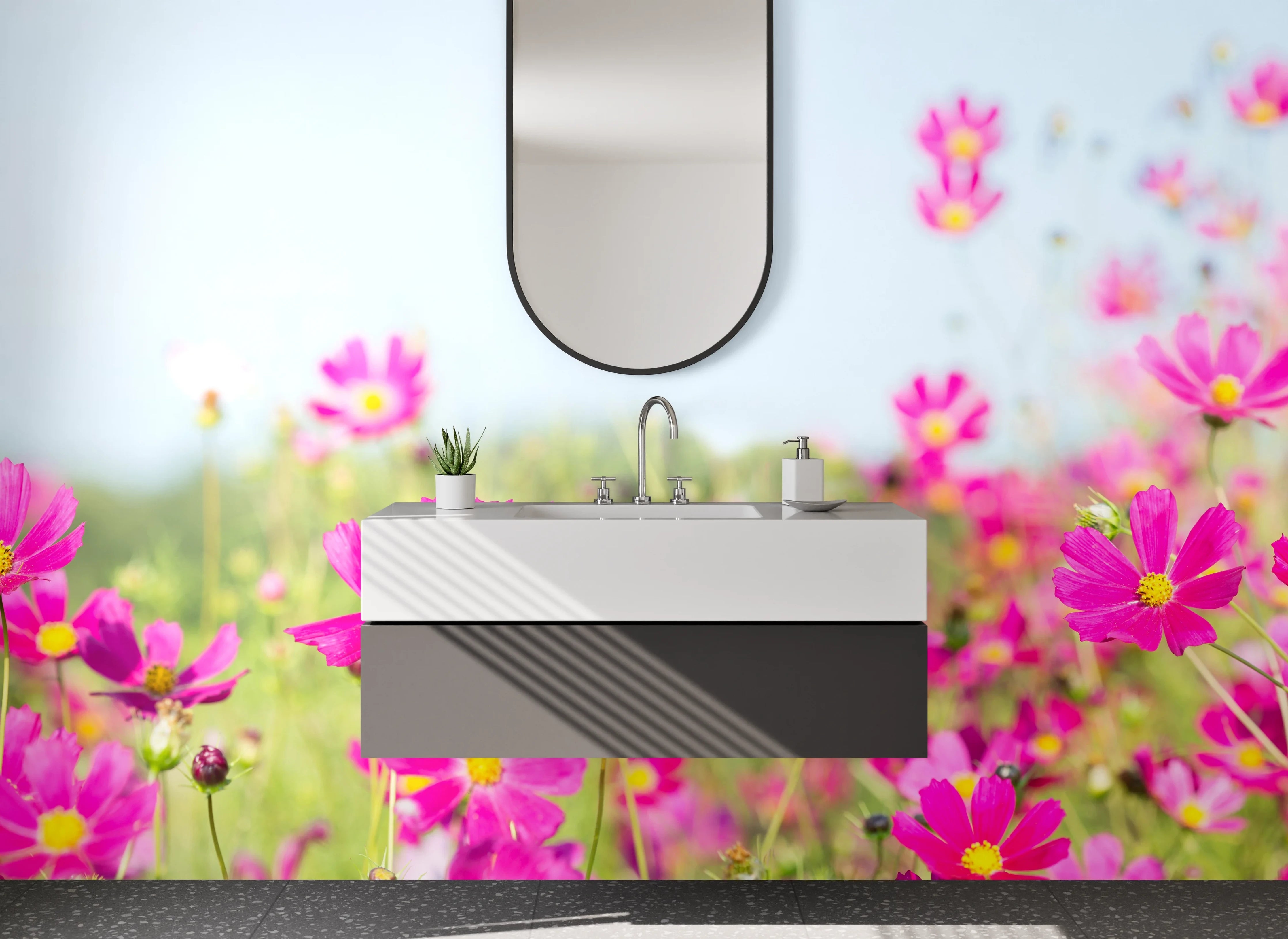 Waschbecken-Rückwand - Blühendes Blumenfeld in Pink – Fotomotiv