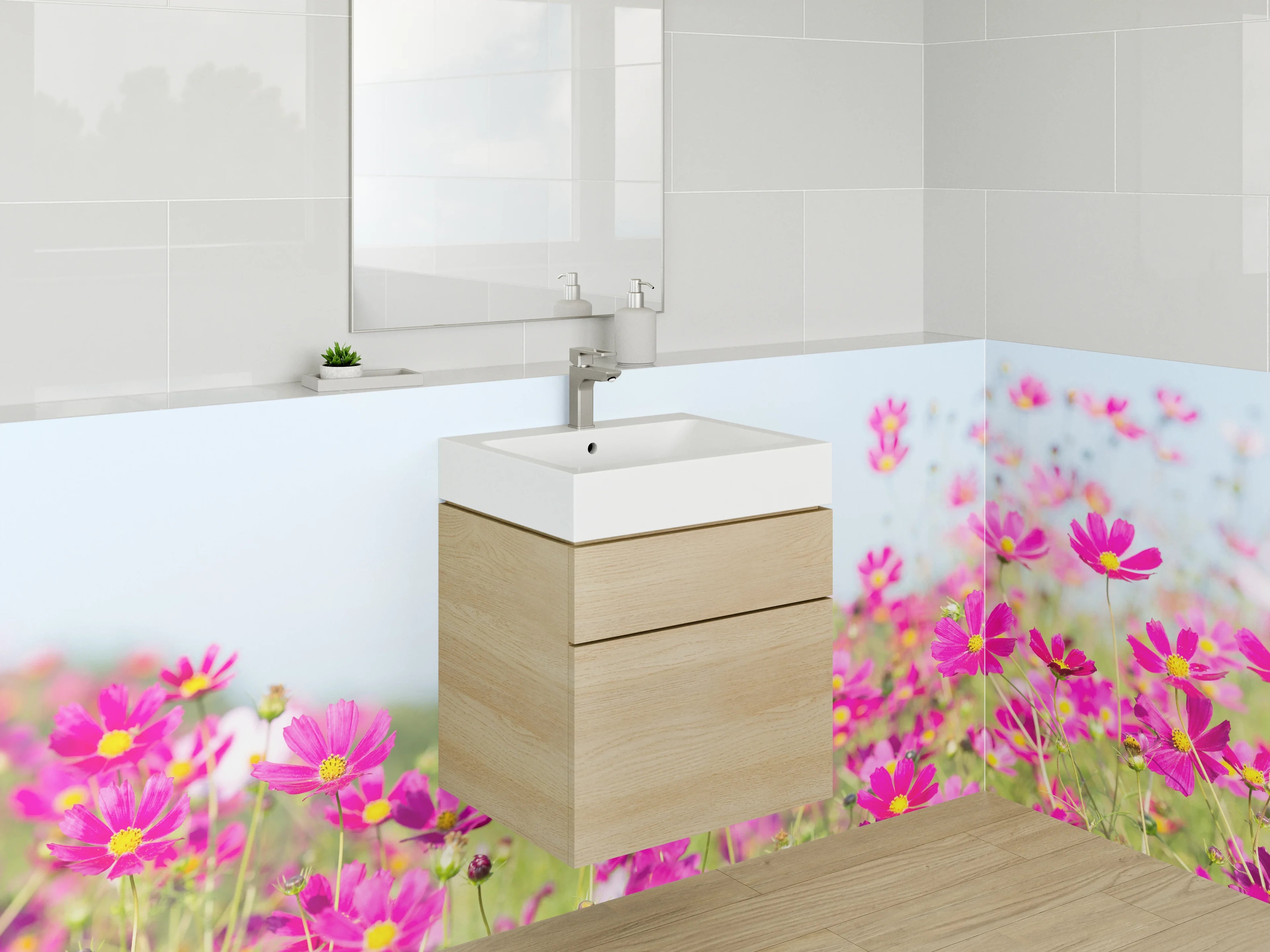 Waschbecken-Rückwand - Blühendes Blumenfeld in Pink – Fotomotiv