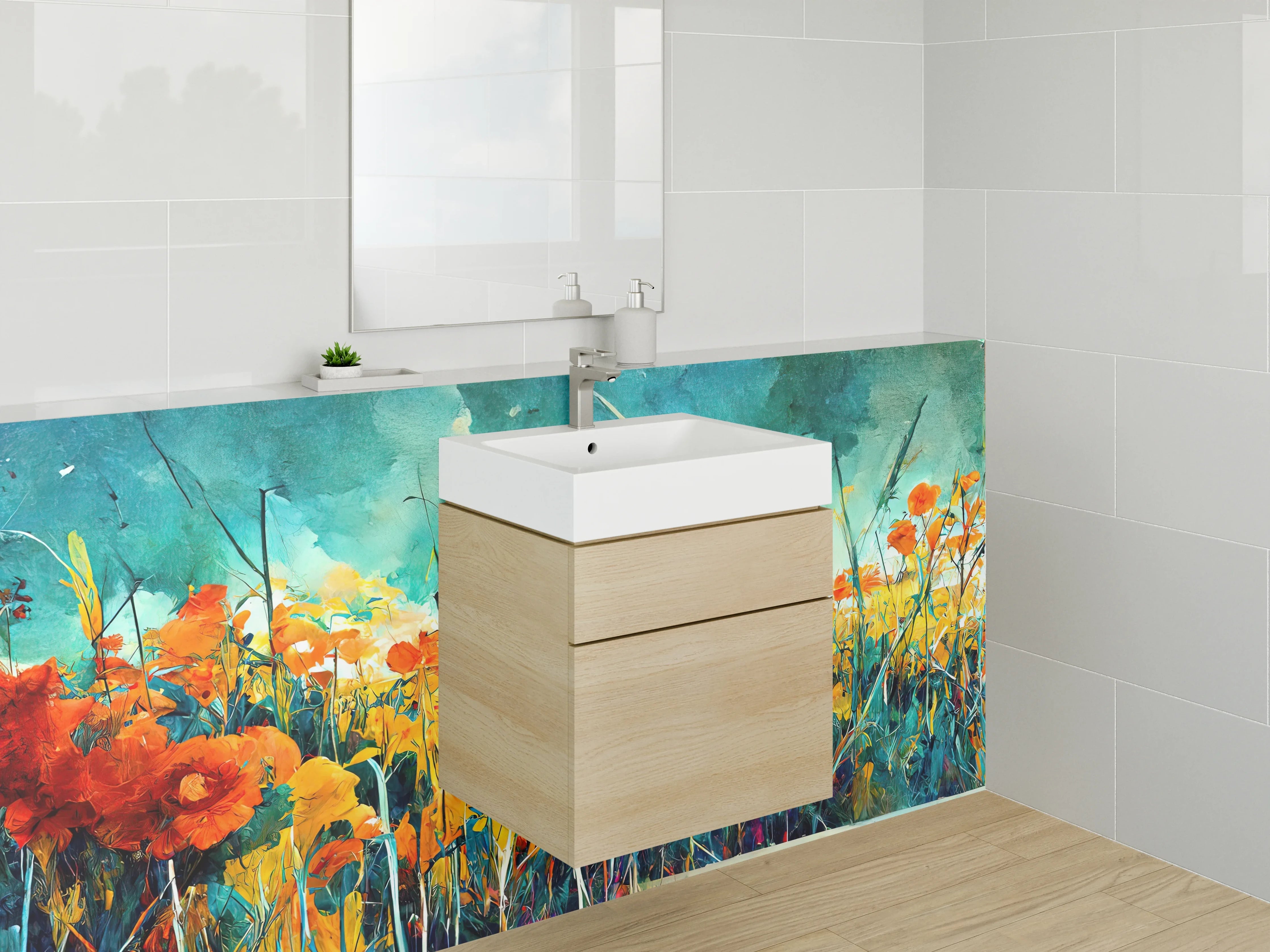 Waschbecken-Rückwand - Blühendes Blumenfeld in lebendigen Farben