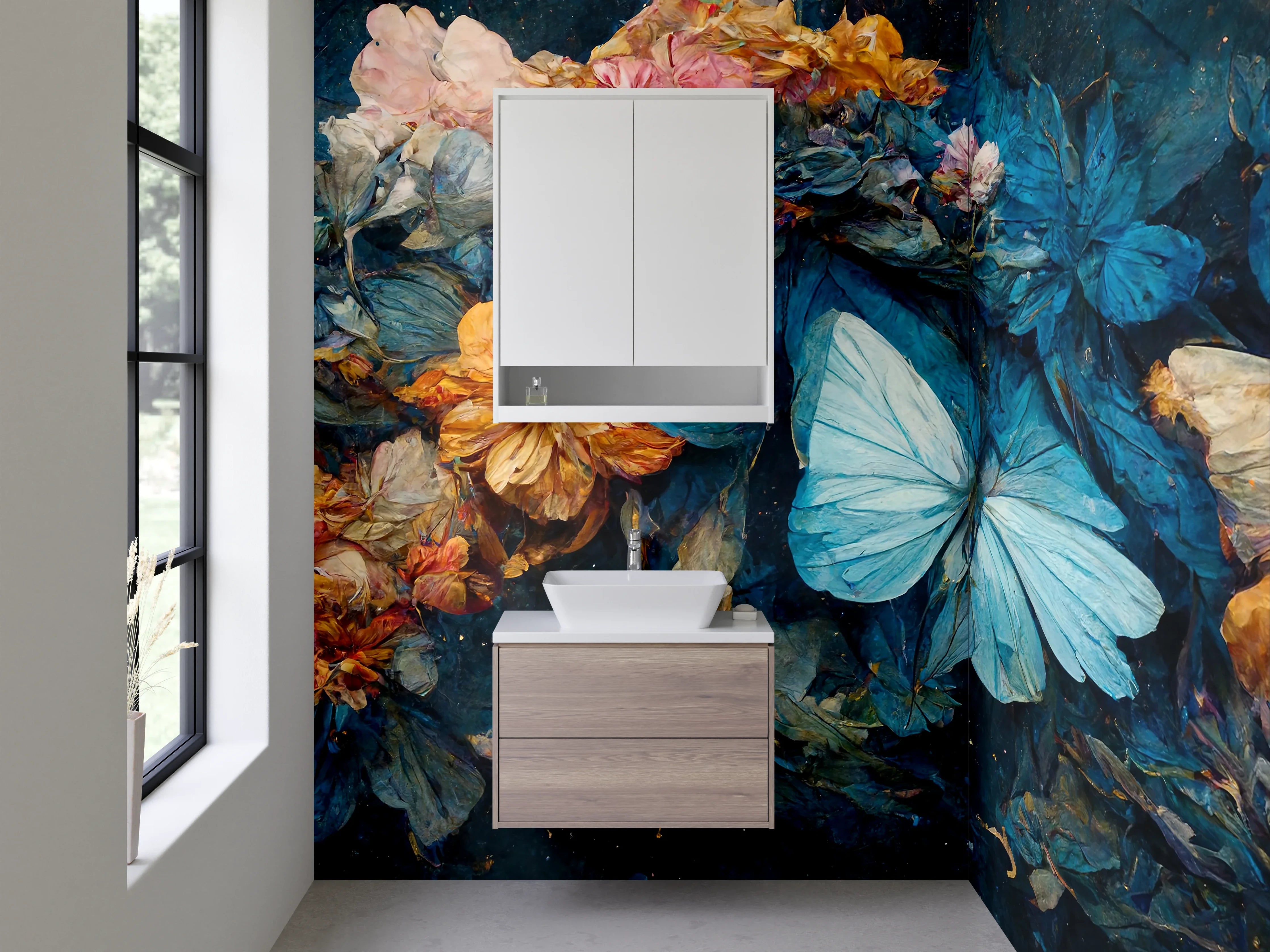 Waschbecken-Rückwand - Blüten und Schmetterlinge Aquarell Kunst