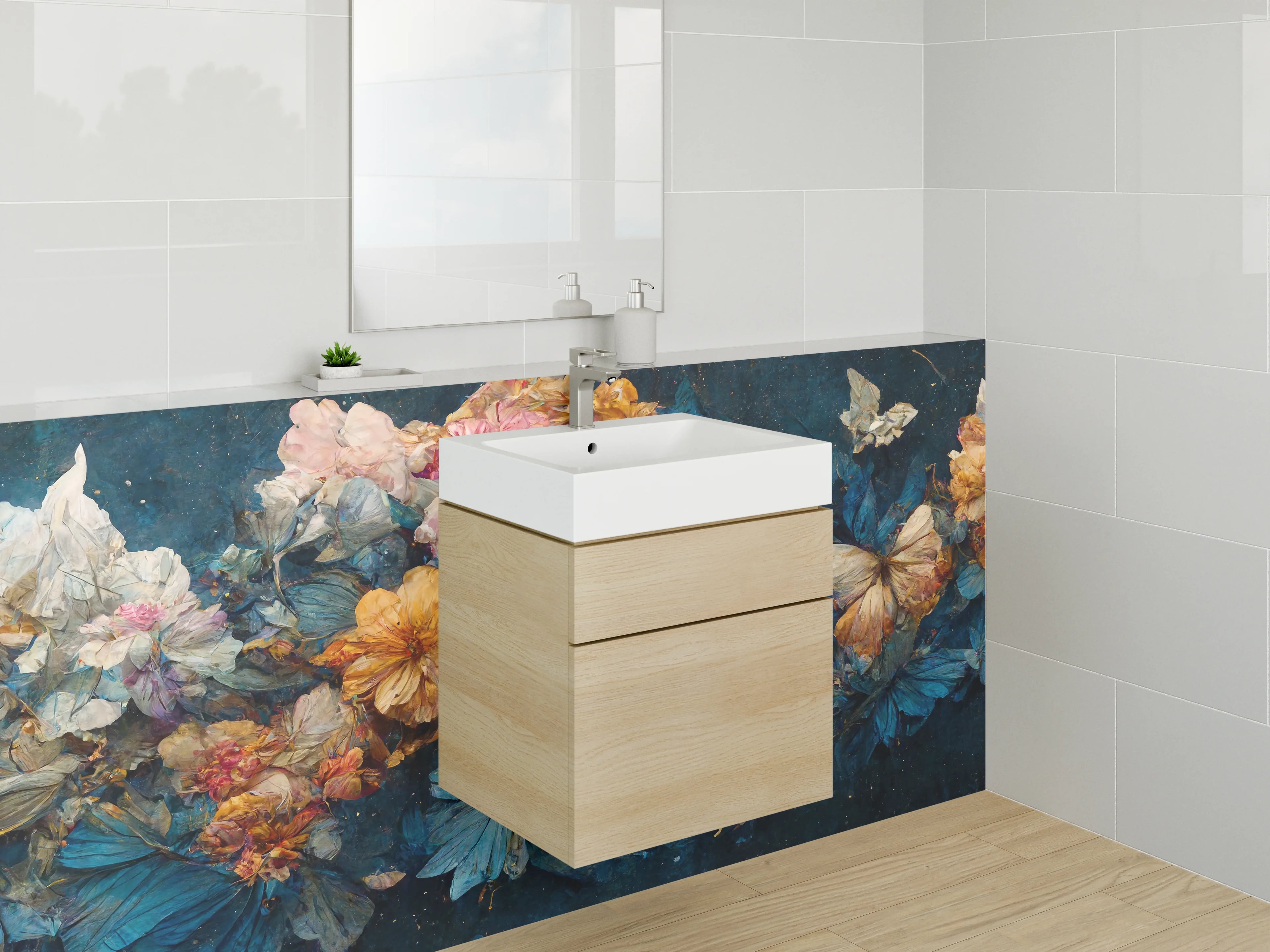 Waschbecken-Rückwand - Blüten und Schmetterlinge Aquarell Kunst