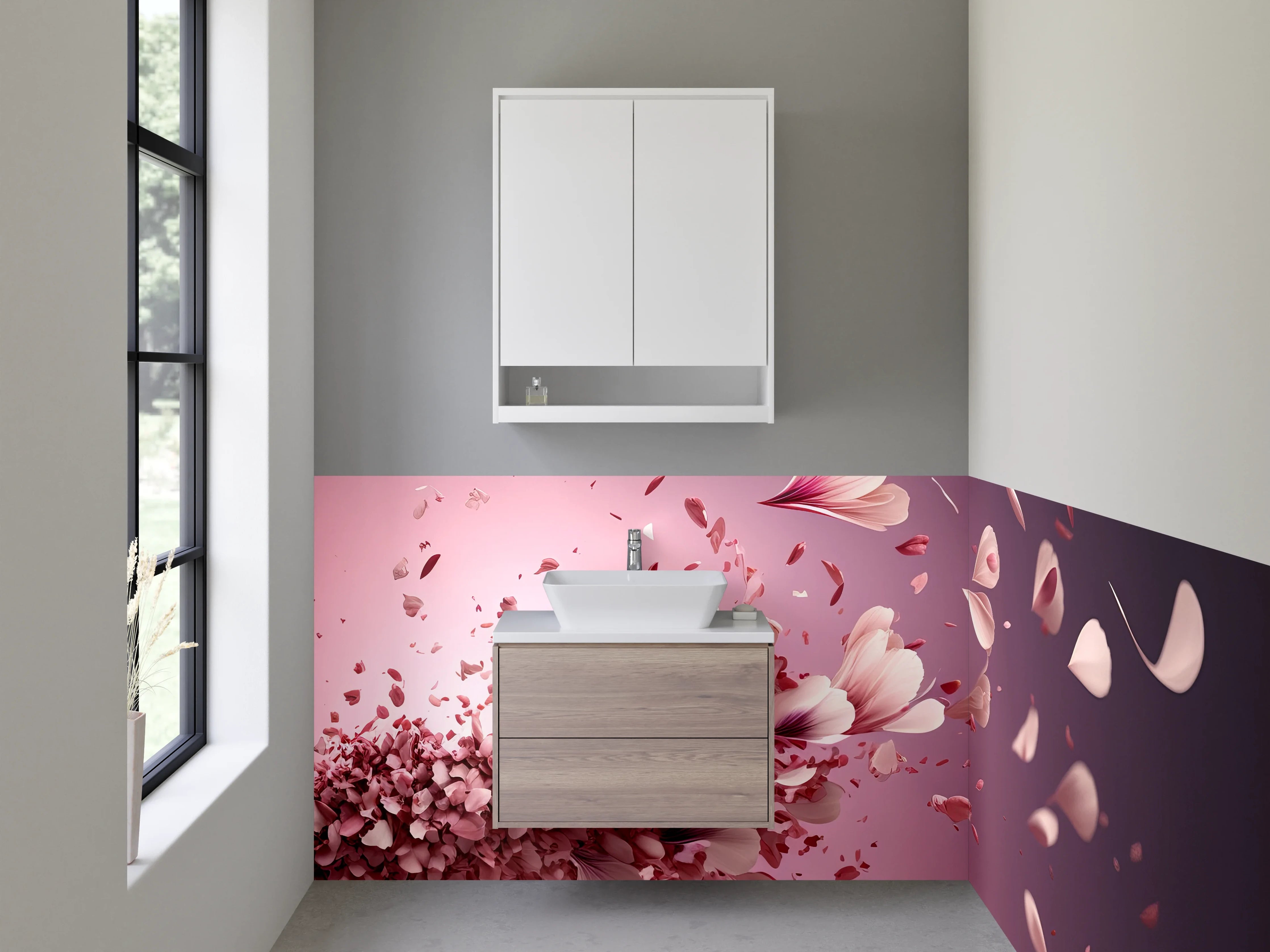 Waschbecken-Rückwand - Blütenflug in Rosa & Pink
