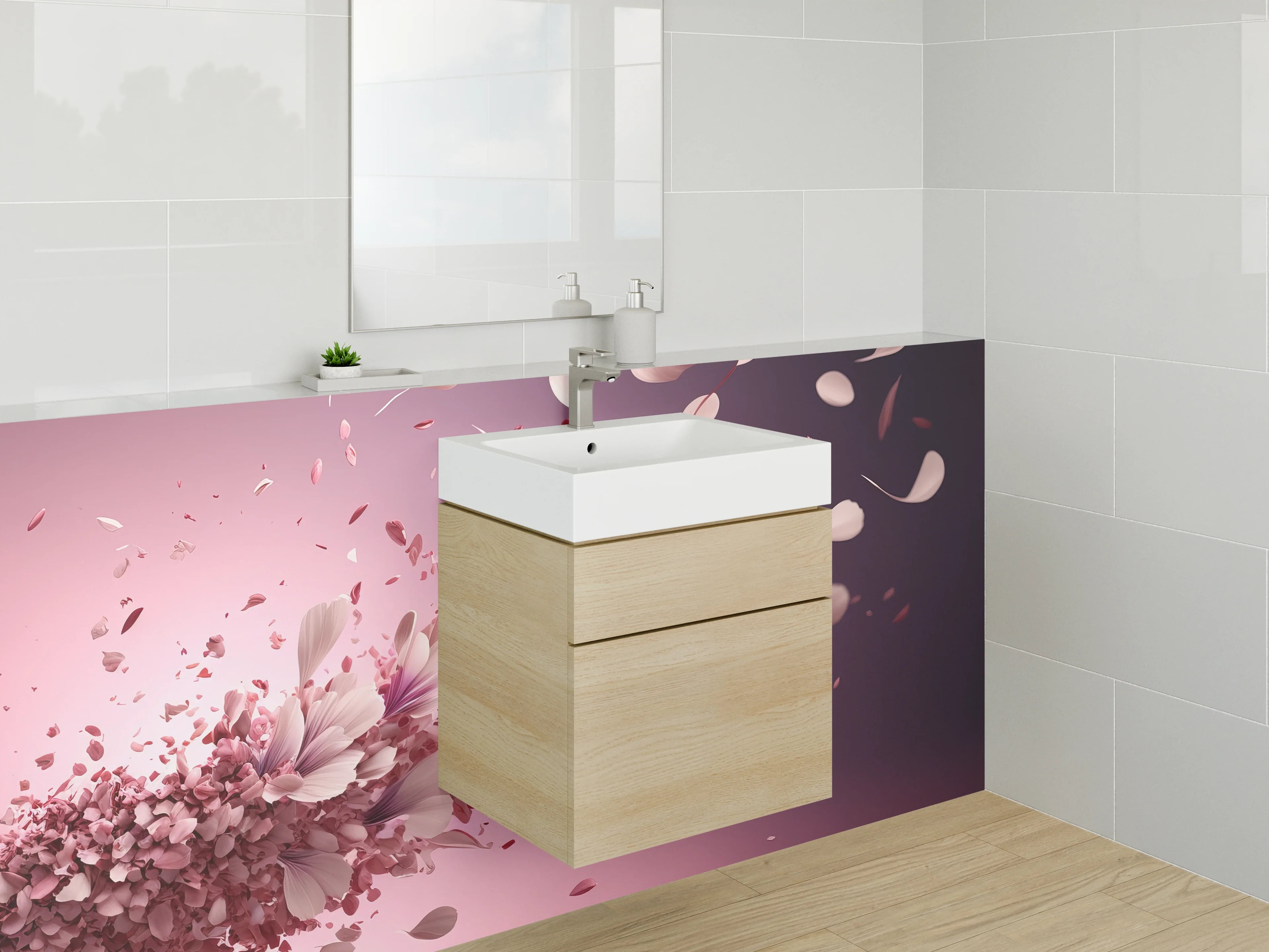 Waschbecken-Rückwand - Blütenflug in Rosa & Pink