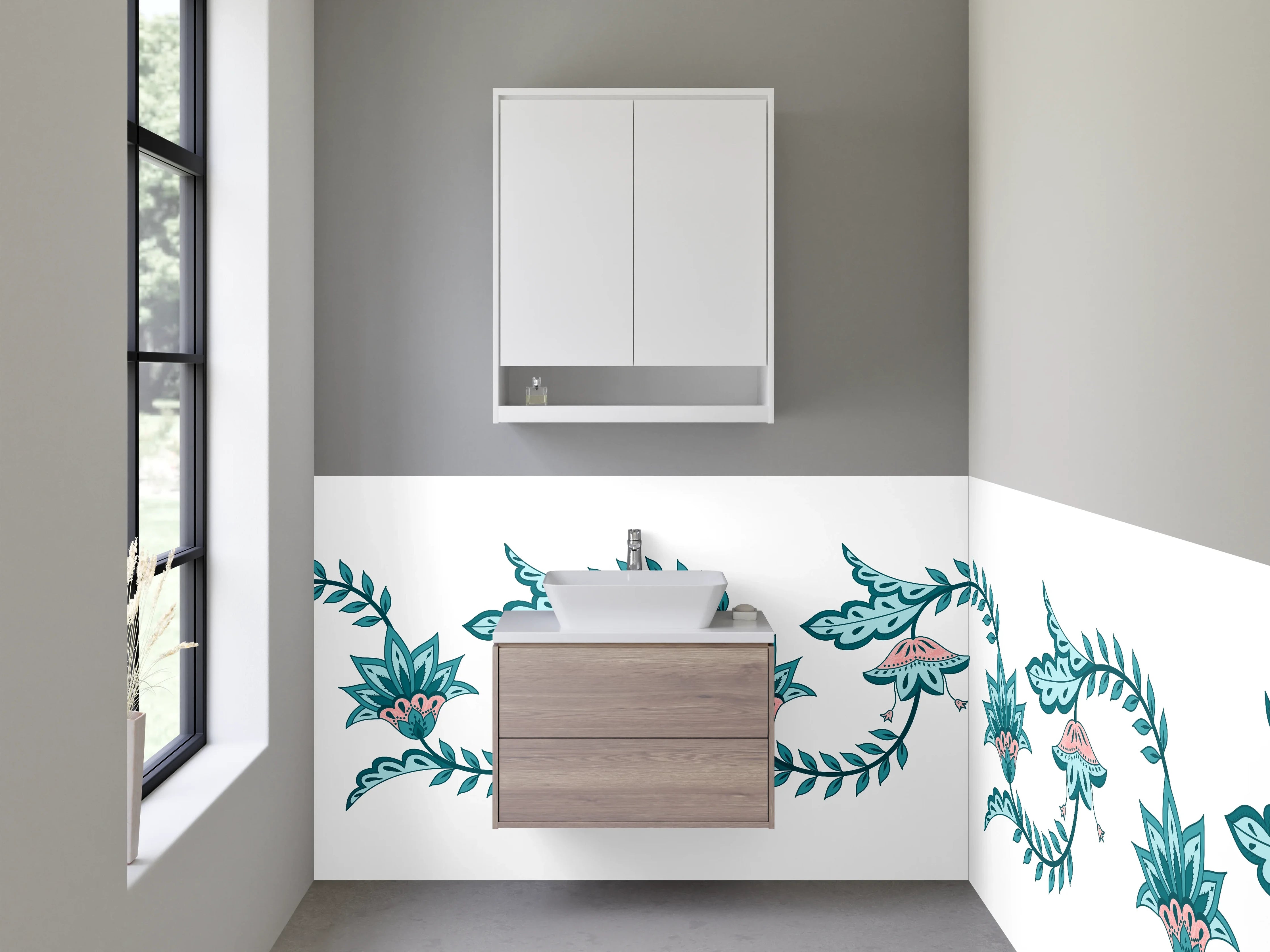 Waschbecken-Rückwand - Blütenornament in Türkis, Rosa & Grau