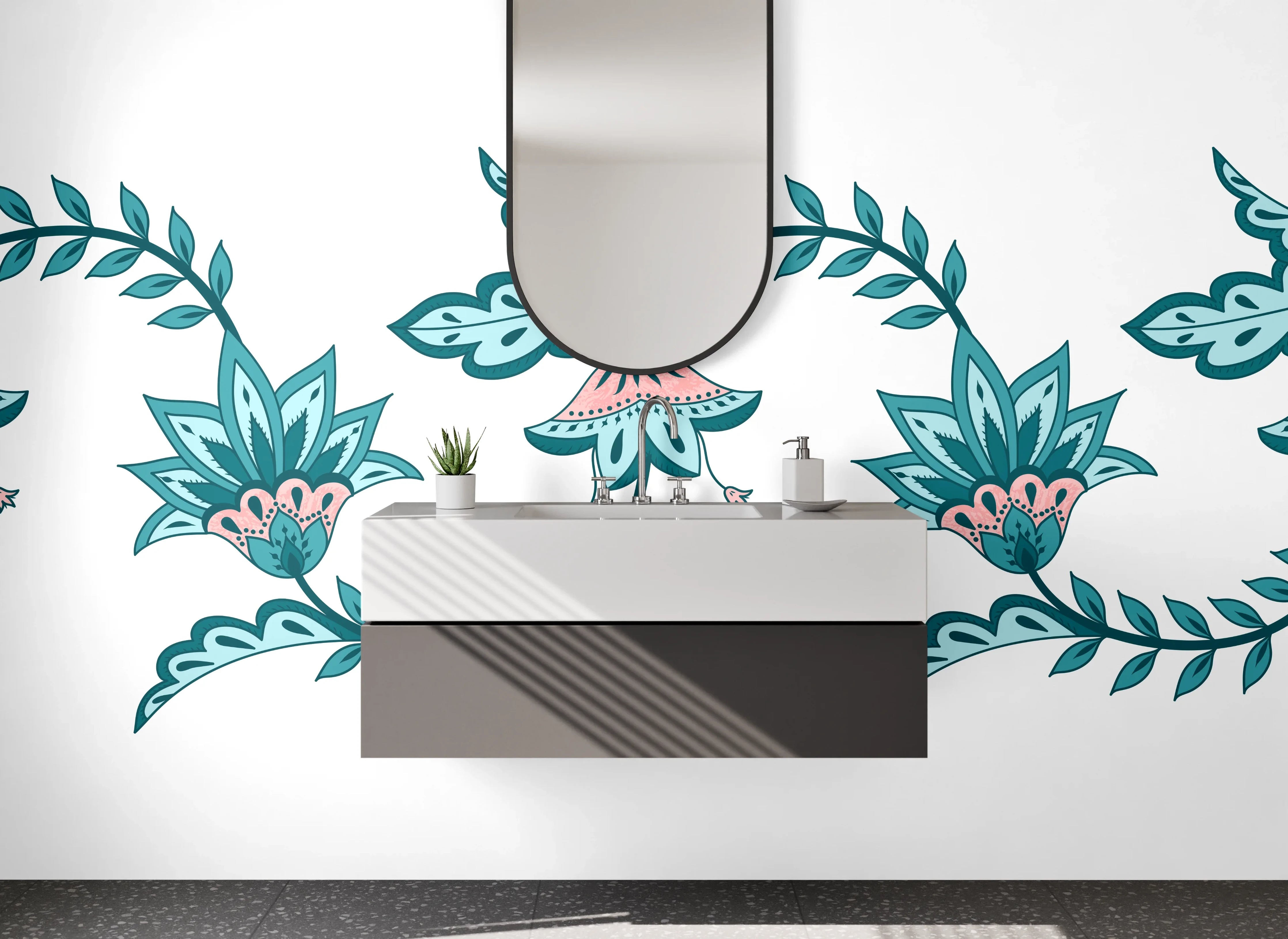 Waschbecken-Rückwand - Blütenornament in Türkis, Rosa & Grau