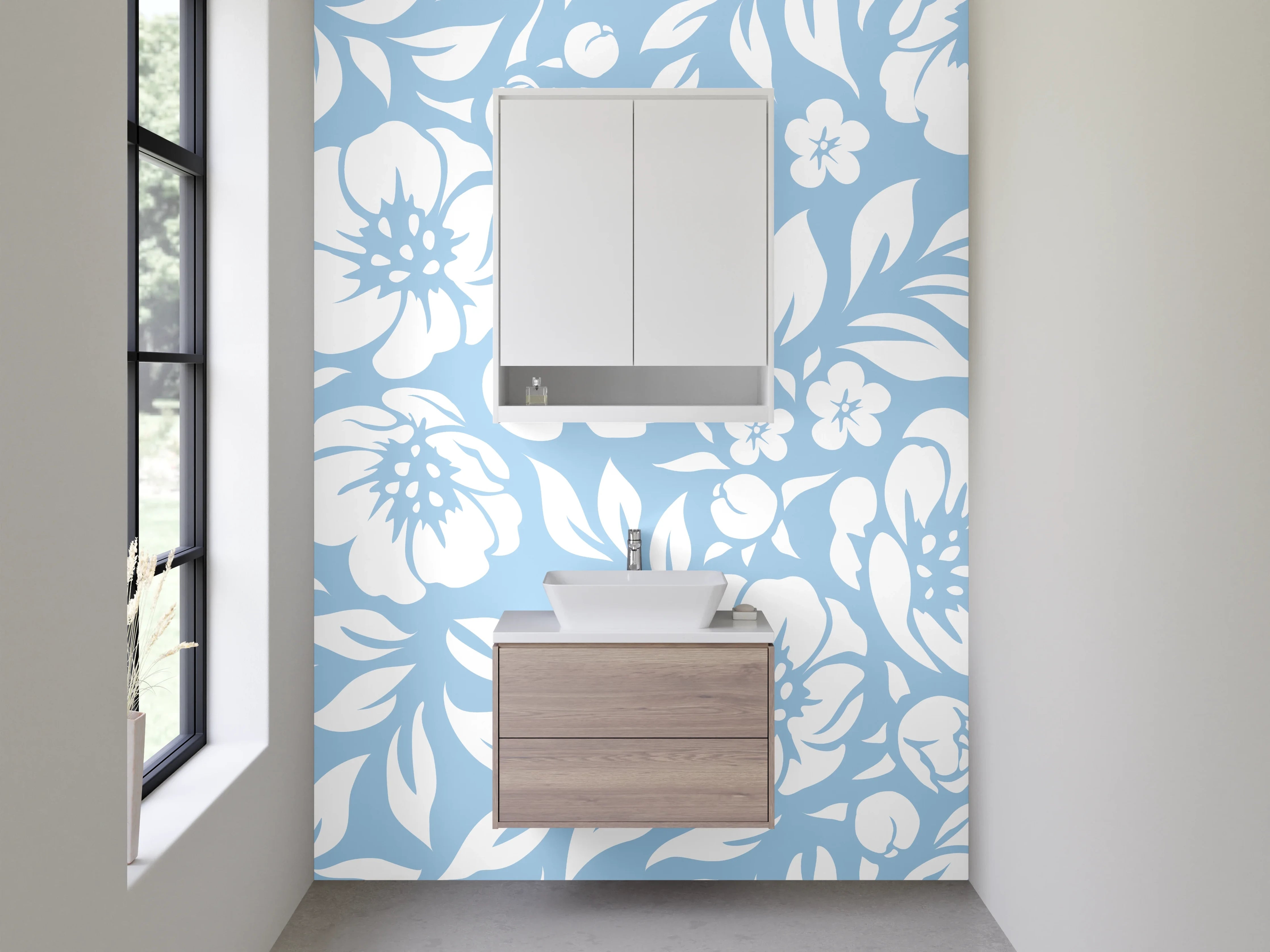 Waschbecken-Rückwand - Blumen im Blau-Grauweiß