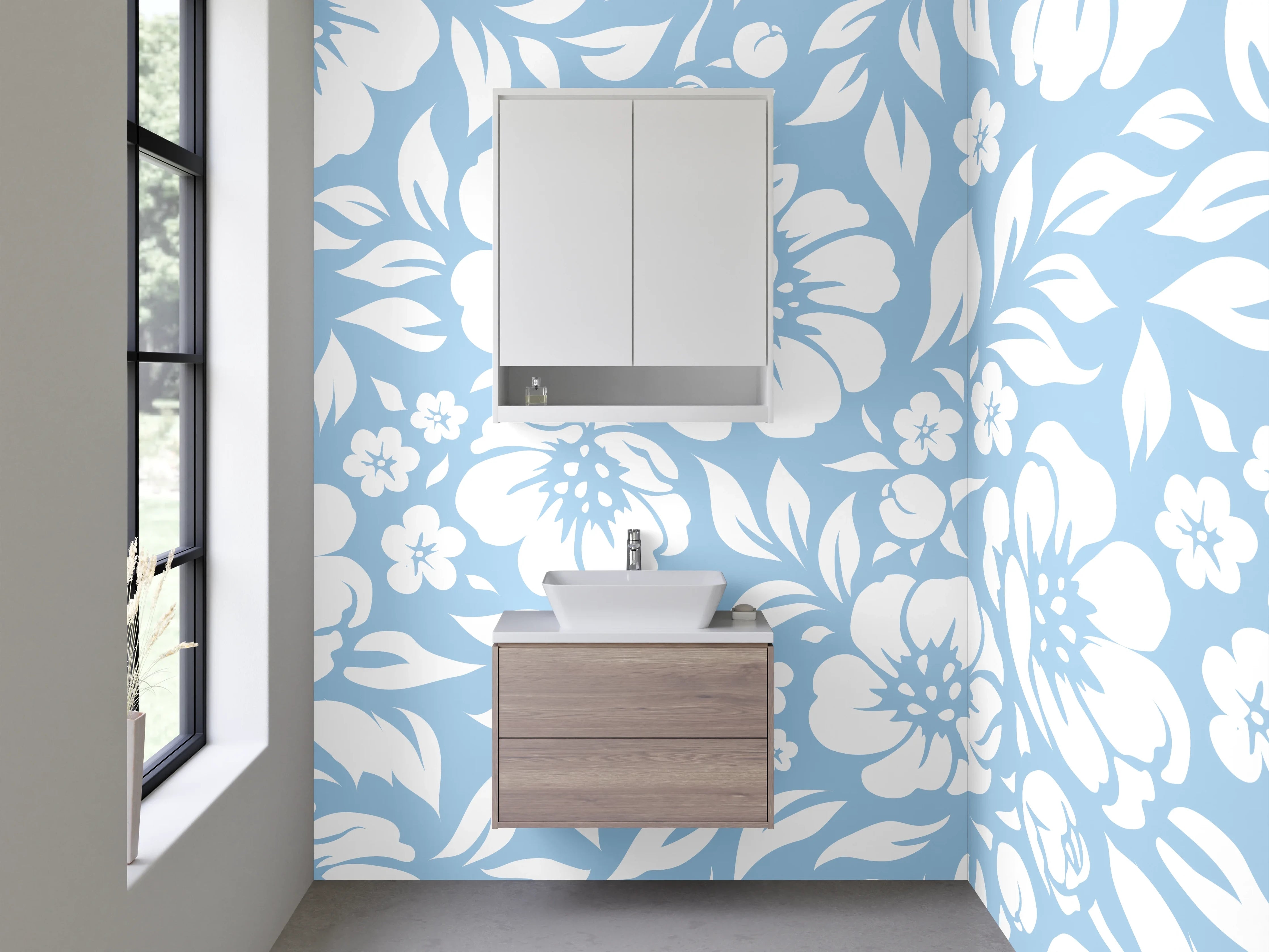 Waschbecken-Rückwand - Blumen im Blau-Grauweiß