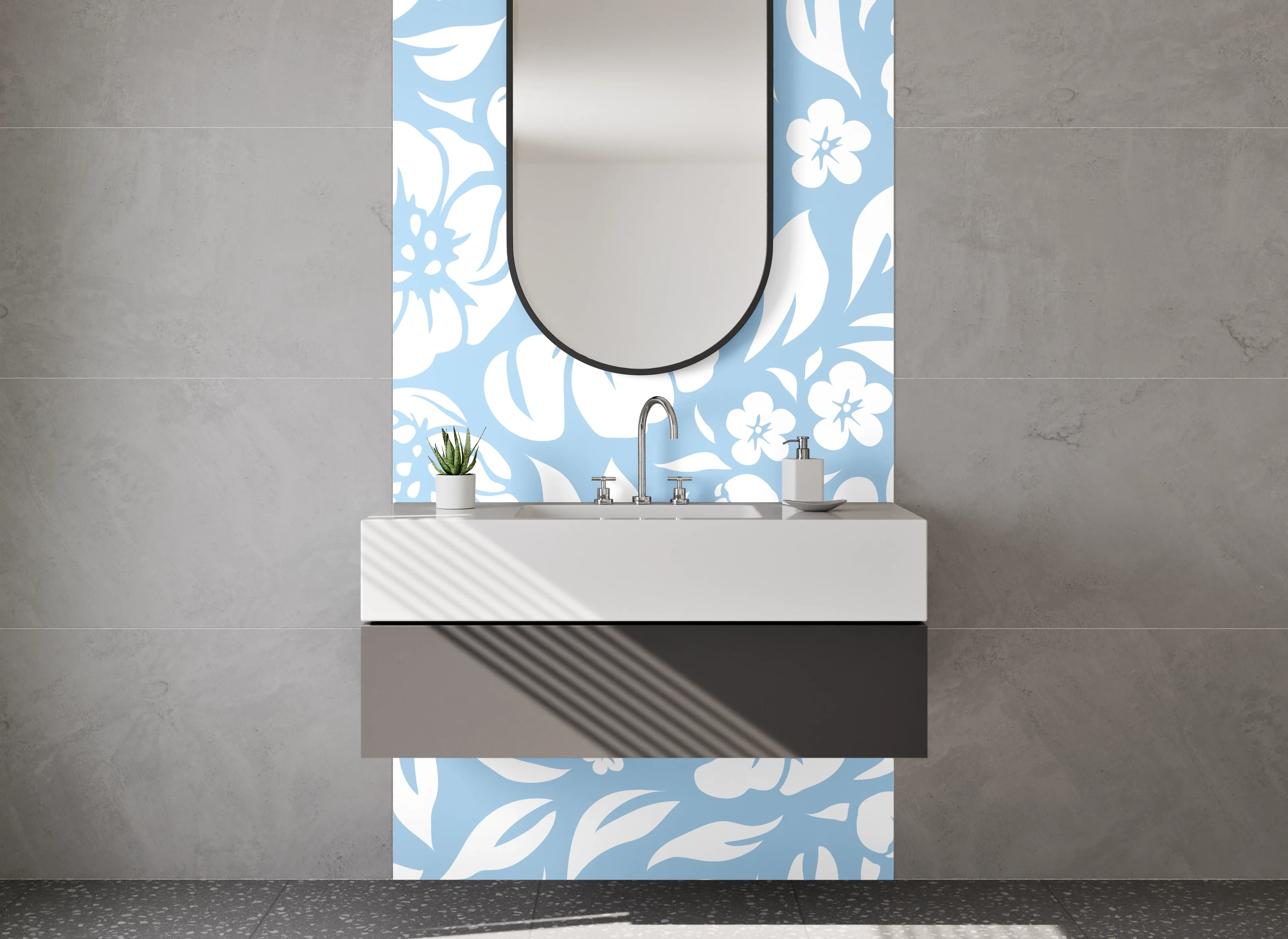 Waschbecken-Rückwand - Blumen im Blau-Grauweiß